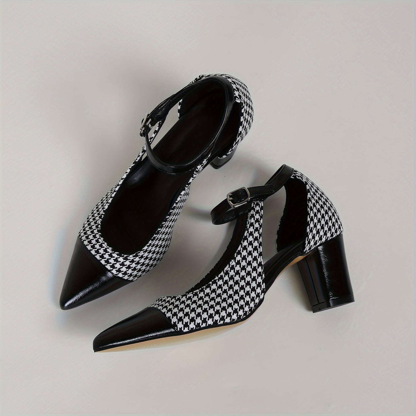 Women's Pointed Toe Pumps, Fashion Houndstooth D'Orsay Heels With Ankle Strap, Chic Contrast Color Block Heels