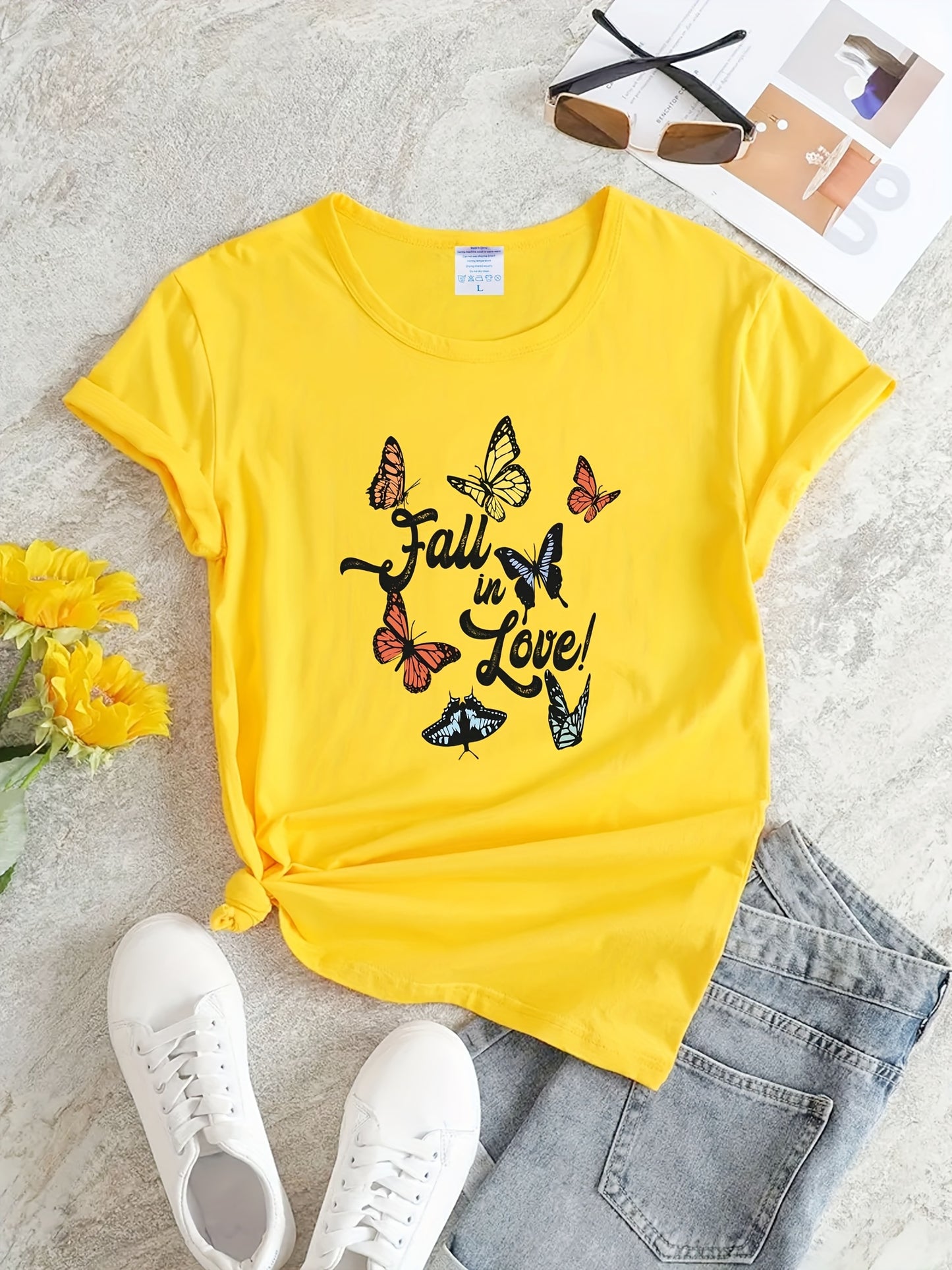 Butterfly & Letter Print T-Shirt, Casual Crew Neck Short Sleeve T-Shirt For Spring & Summer, Women's Clothing