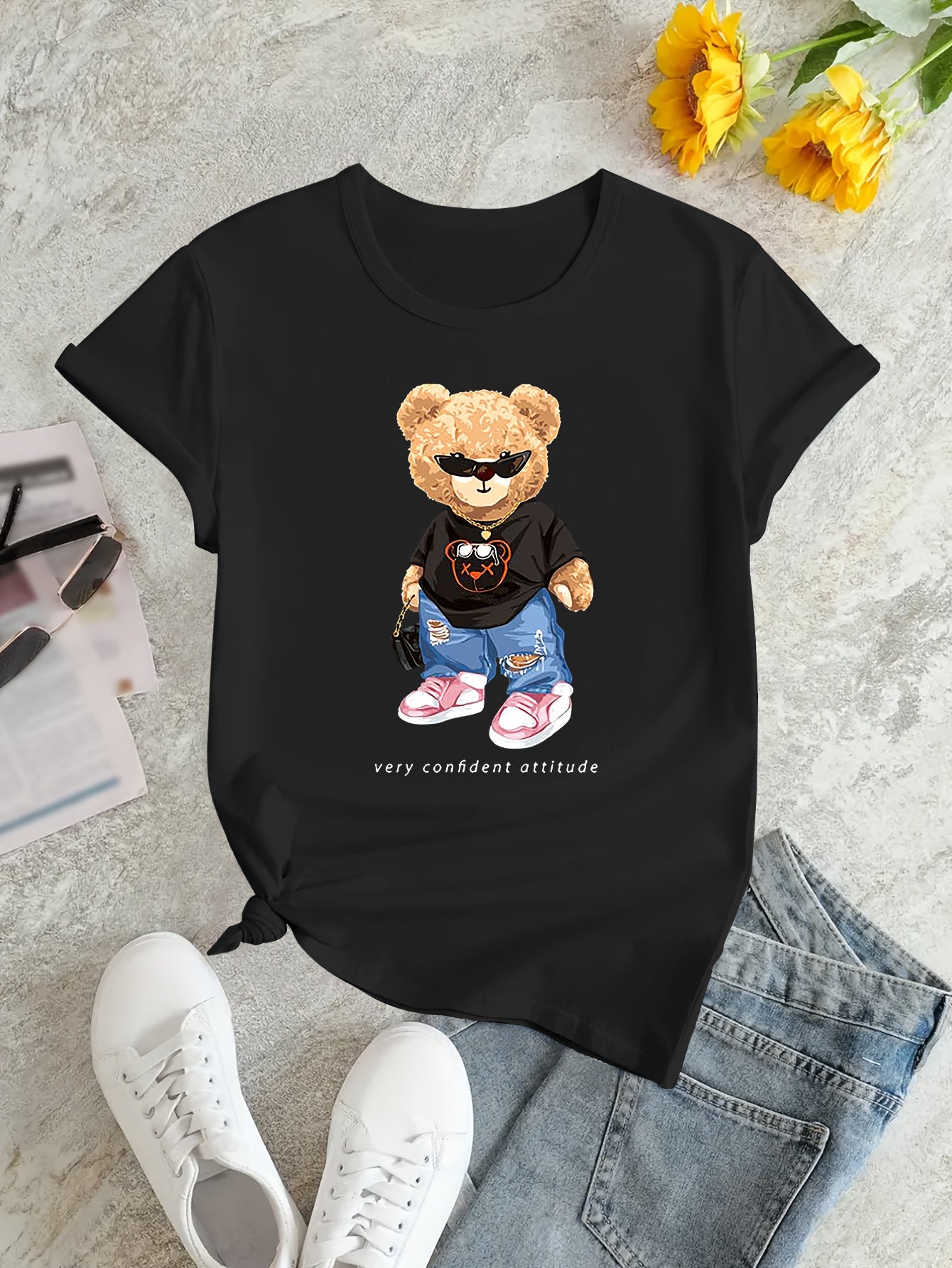 Cartoon Bear Print T-shirt, Short Sleeve Crew Neck Casual Top For Summer & Spring, Women's Clothing