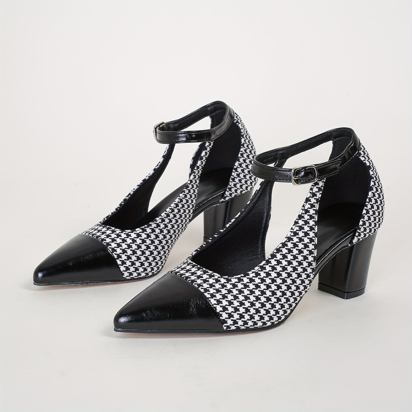 Women's Houndstooth Pattern Shoes, Ankle Buckle Strap Chunky Heel Soft Sole Shoes, Elegant Point Toe Dress Shoes