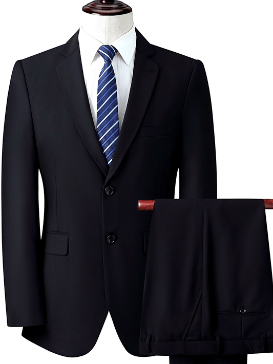 2pcs Solid Dress Suit Set For Men, Notch Lapel Collar Two Button Blazer & Regular Fit Suit Pants, Male's Business Fashion For Formal Occasions