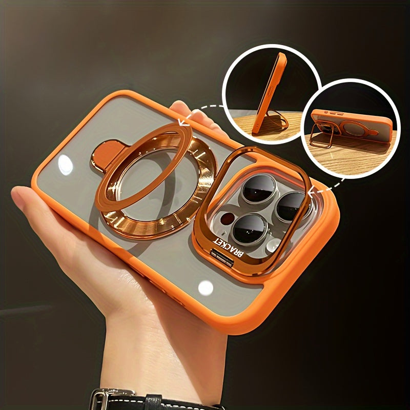 Metal Lens Dual Stand Transparent Magnetic Mobile Phone Case For iPhone 16 15 14 13 12 11 Pro Max Plus With Lens Protection Film