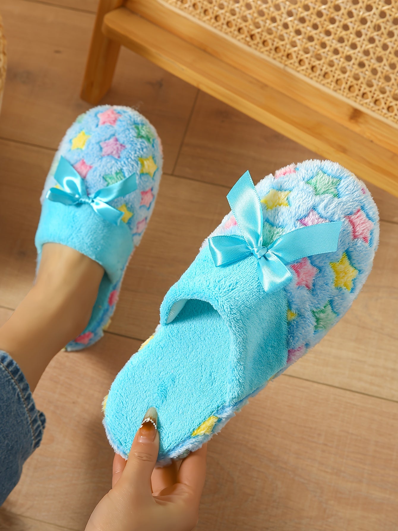 Bowknot Decor Fuzzy Slippers, Stars Print Soft Sole Closed Toe Plush Lined Shoes, Indoor Non-slip Home Warm Shoes