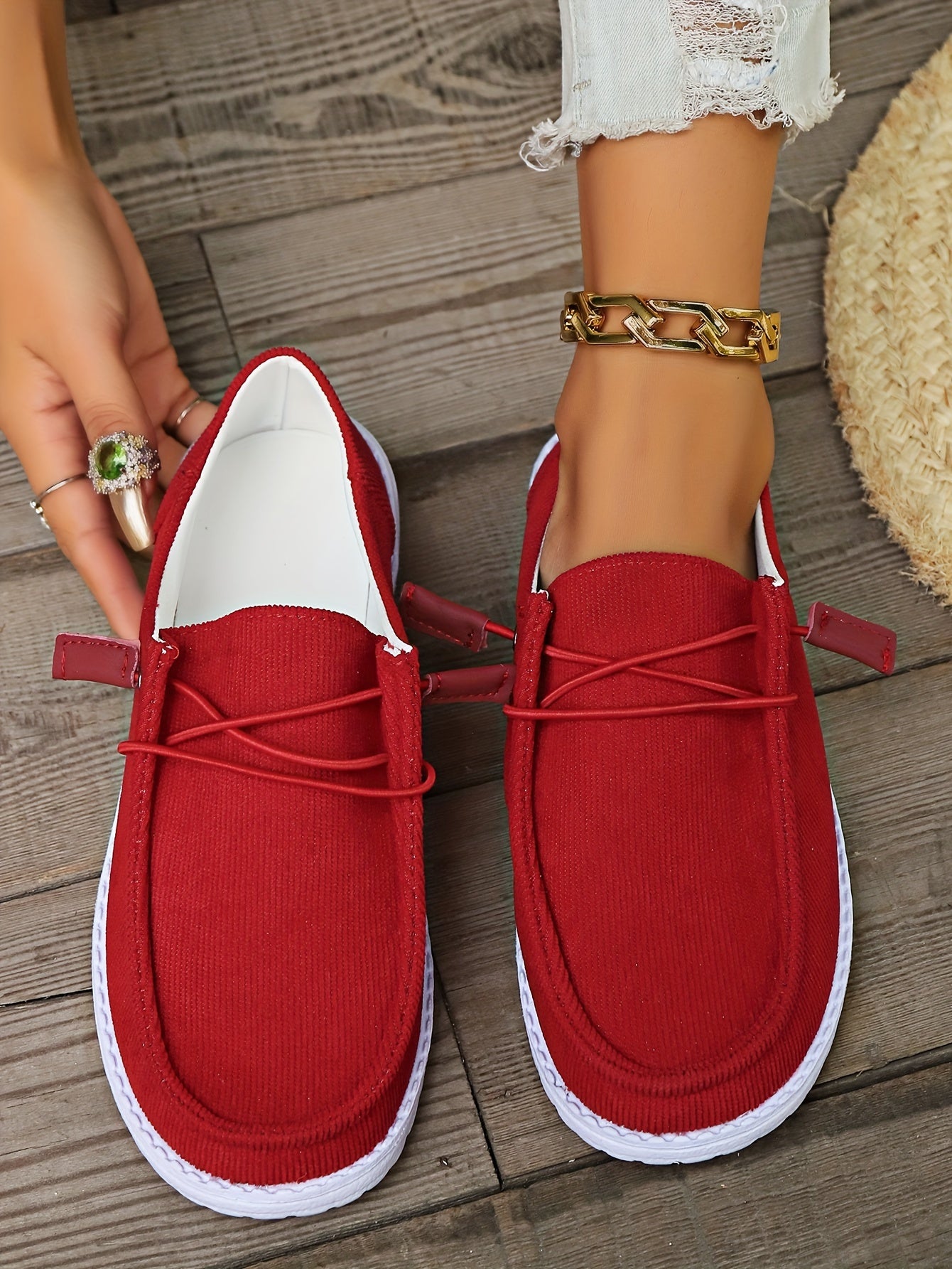 Women's Casual Slip-On Sneakers, Round Toe Lace-up Flats, Breathable Canvas Shoes With Rubber Sole, Lightweight Comfort Walking Shoes, Large Size - Red