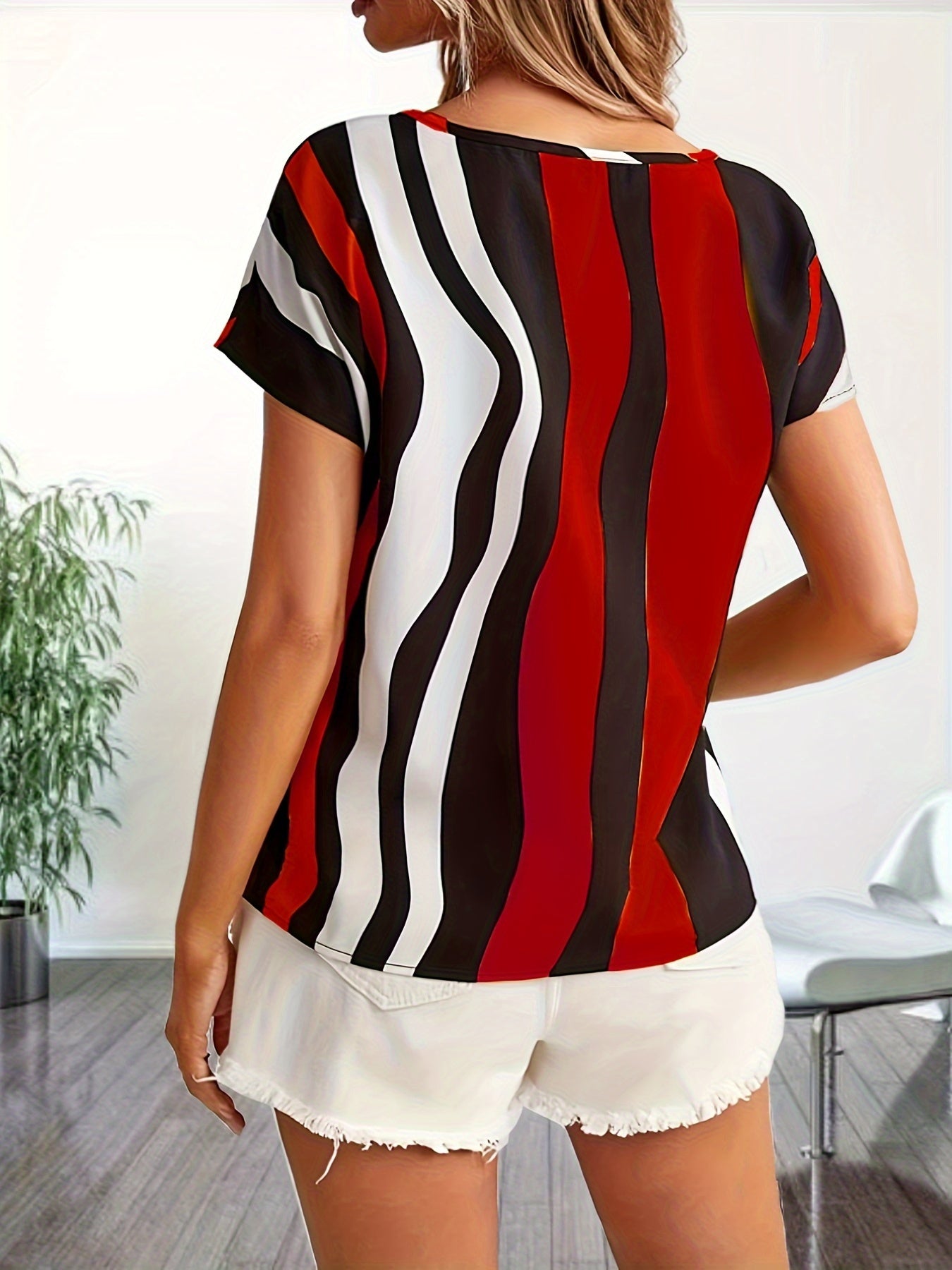 Color Block Striped V Neck Blouse, Elegant Short Sleeve Blouse For Spring & Summer, Women's Clothing