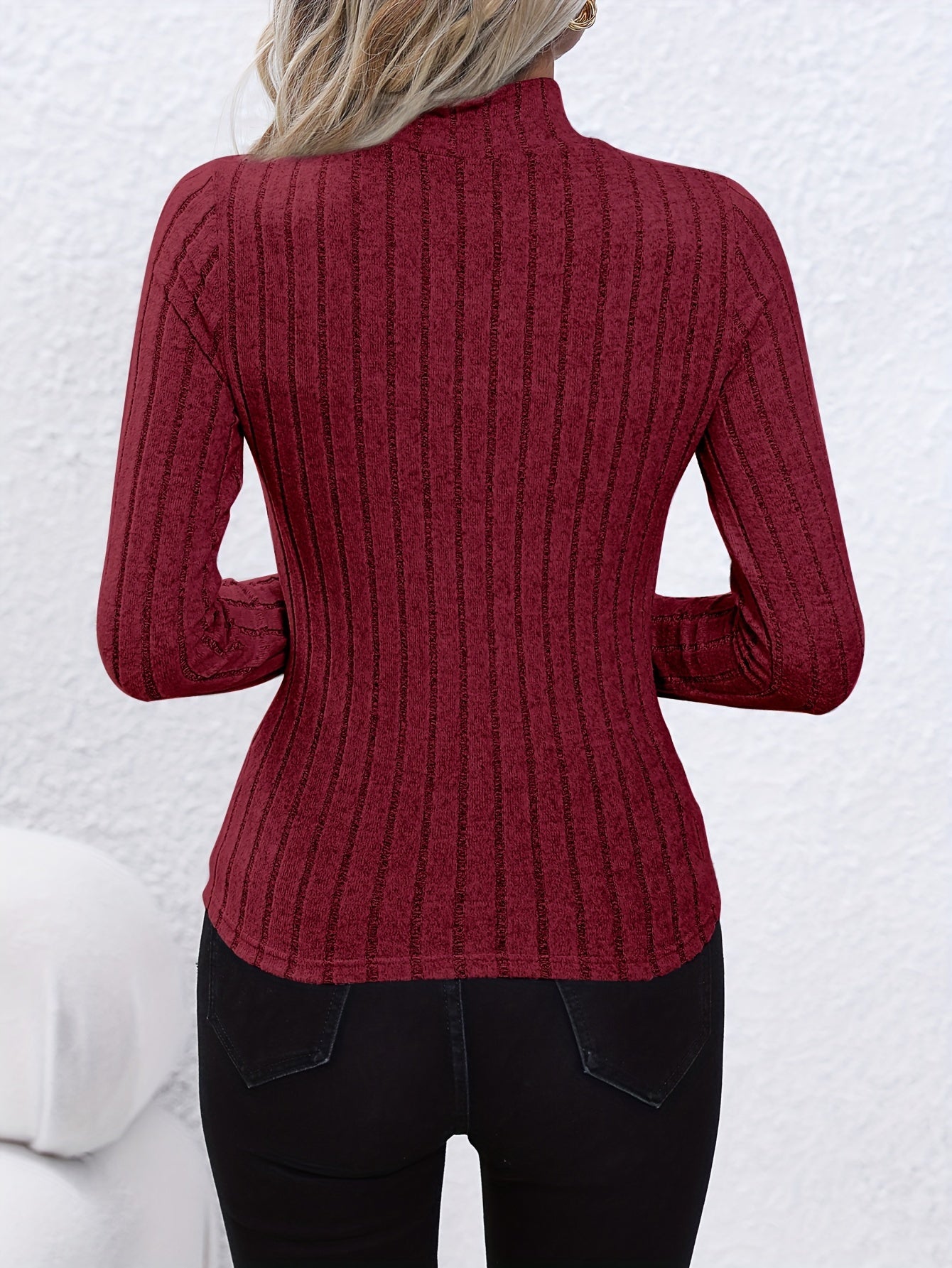 Solid Ribbed Mock Neck Pullover Sweater, Elegant Long Sleeve Sweater For Fall & Winter, Women's Clothing