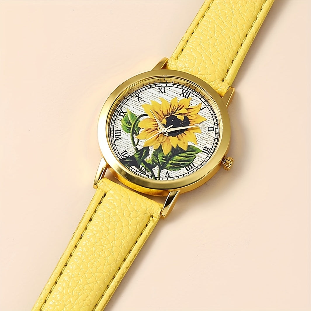 6pcs/set Sunflower Glamour Quartz Watch & Rhinestone Jewelry Set - Stylish Analog PU Leather Wristwatch for Casual Wear, Ideal Gifts for Women and Moms