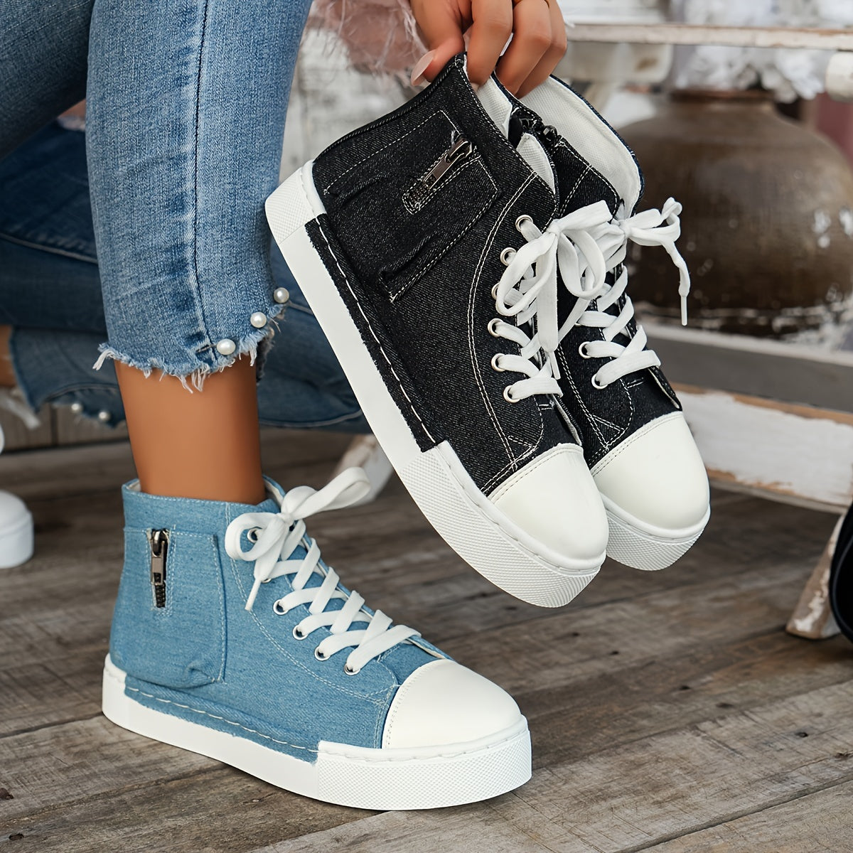 Women's Denim Platform Sneakers, Casual Lace Up Outdoor Shoes, Comfortable Side Zipper Shoes