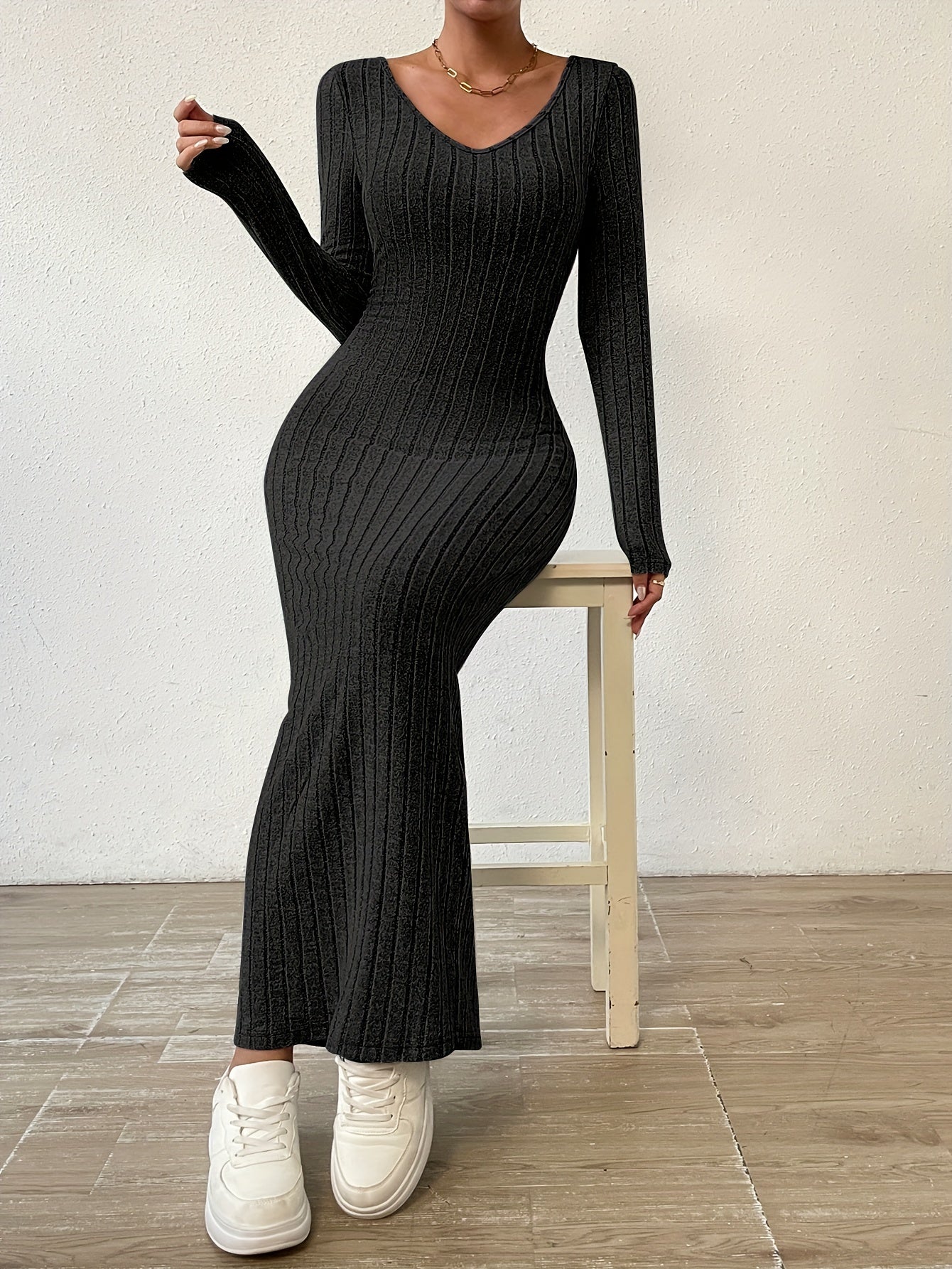 Ribbed Solid Dress, Casual Crew Neck Long Sleeve Maxi Dress, Women's Clothing