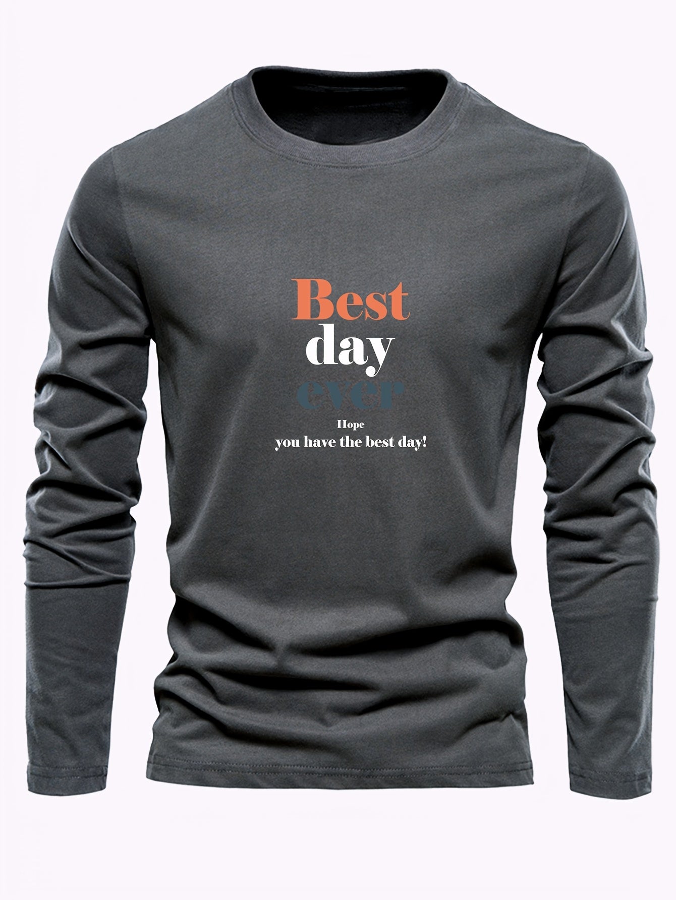 3-Pack Men's Long Sleeve T-Shirts 100% Cotton, Casual Round Neck, Alphabet Print, Knit Fabric, Best Day Ever Design, Spring/Fall Collection