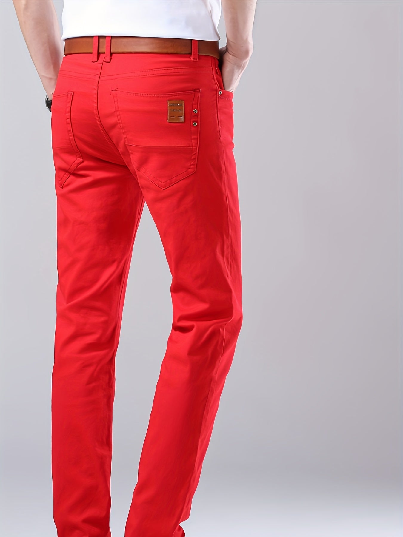 Men's Classic Red Casual Straight-Leg Pants - Stretch Cotton Blend, All-Season Business Dress Trousers