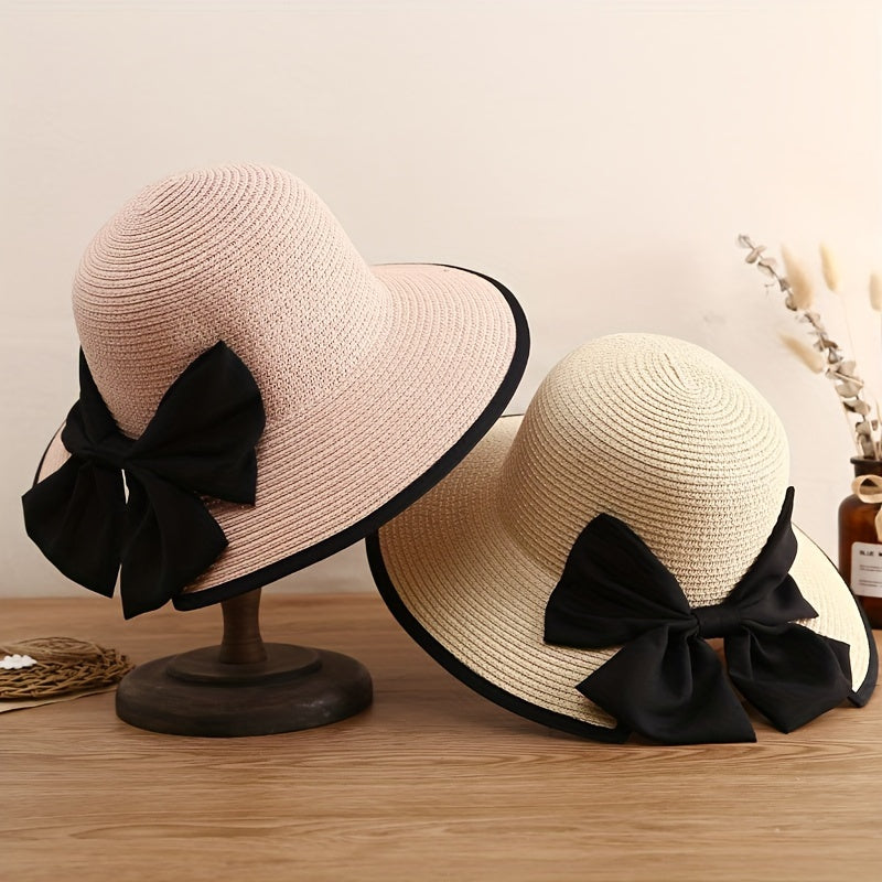 Black Bowknot Straw Hat Elegant Solid Coor French Style Sun Hats Trendy Travel Beach Hats For Women daily uses Summer Outdoor