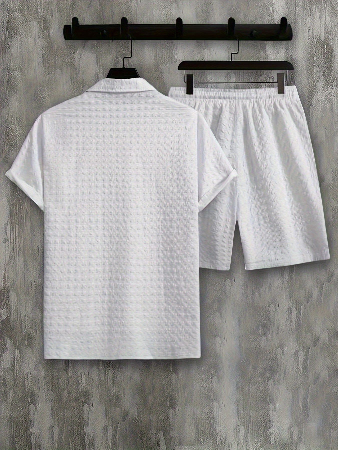 2-piece Casual Men's Summer Holiday Outfit Set, Men's Short Sleeve Button Down Shirt With Chest Pocket & Drawstring Shorts Set