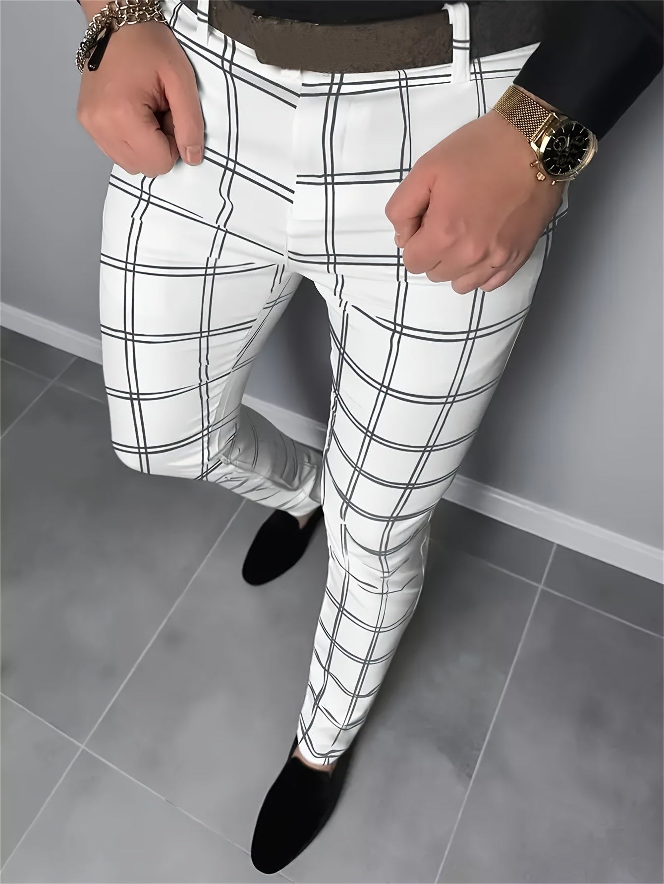 Men's Plaid Formal Dress Pants With Pockets, Slim Fit Trousers For Outdoor Activities, Daily Wear For Spring And Autumn