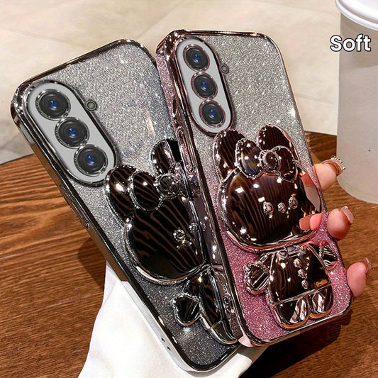 Luxury Bracket Case for Samsung A54 Glitter Mirror Rabbit Holder Soft Case for Samsung Galaxy A34 A14 A15 A35 A55 A05S A04S A13 5G Shockproof Cover