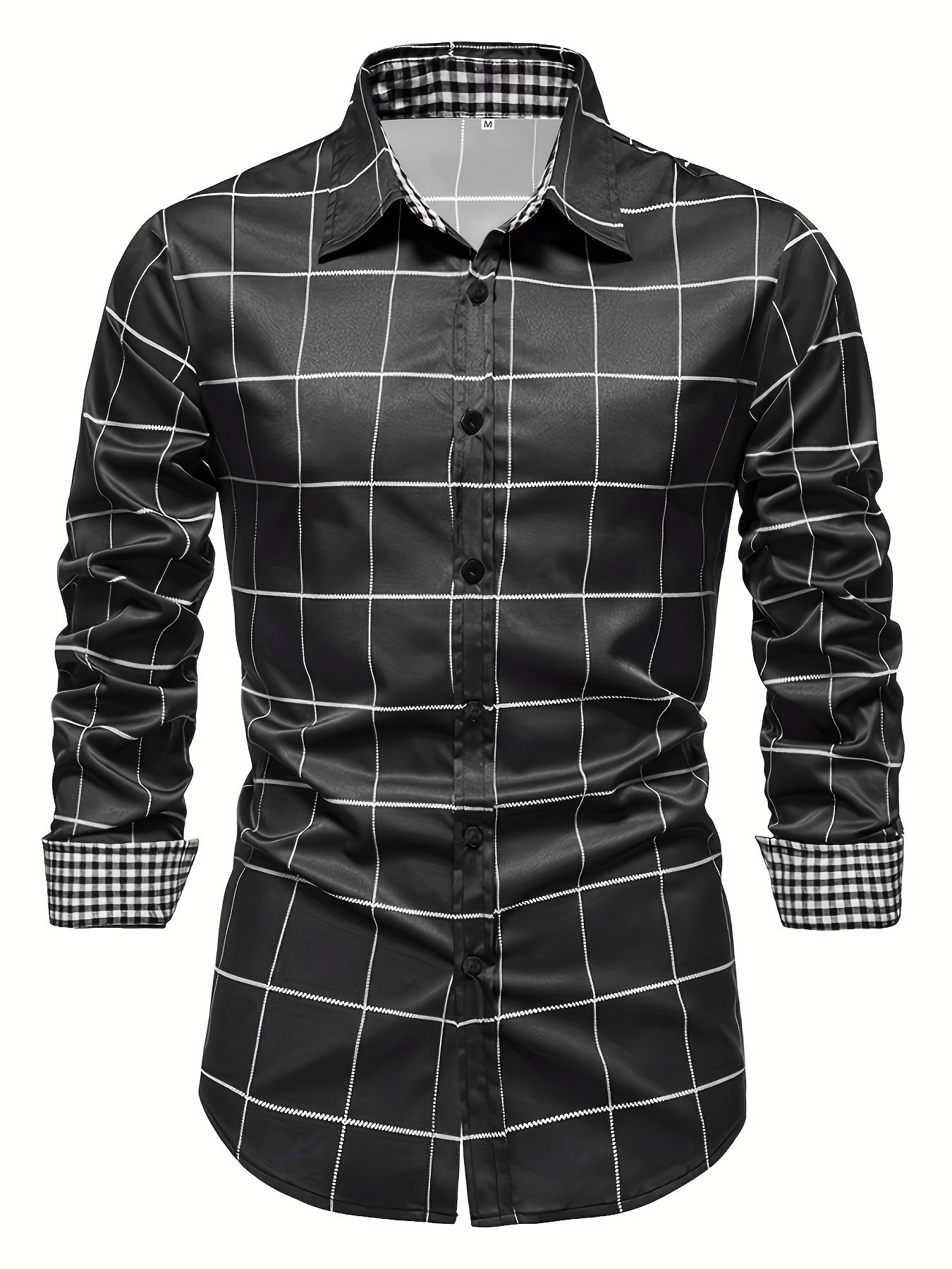 Men's Plaid Lapel Collar Design Dress Shirts, Long Sleeve Casual Button Up Shirt For Formal Occasions