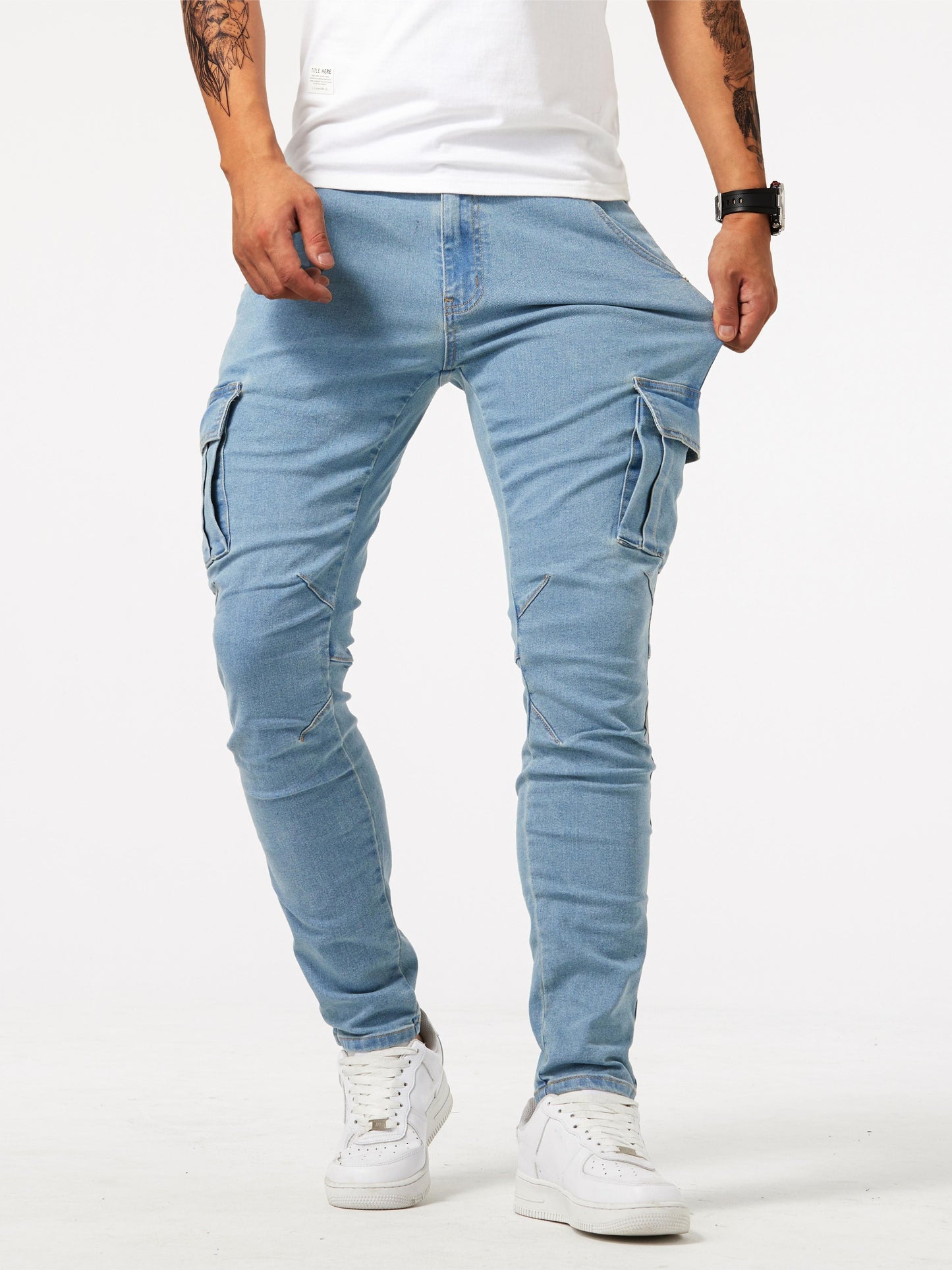 Slim Fit Multi Pocket Jeans, Men's Casual Street Style Medium Stretch Denim Cargo Pants