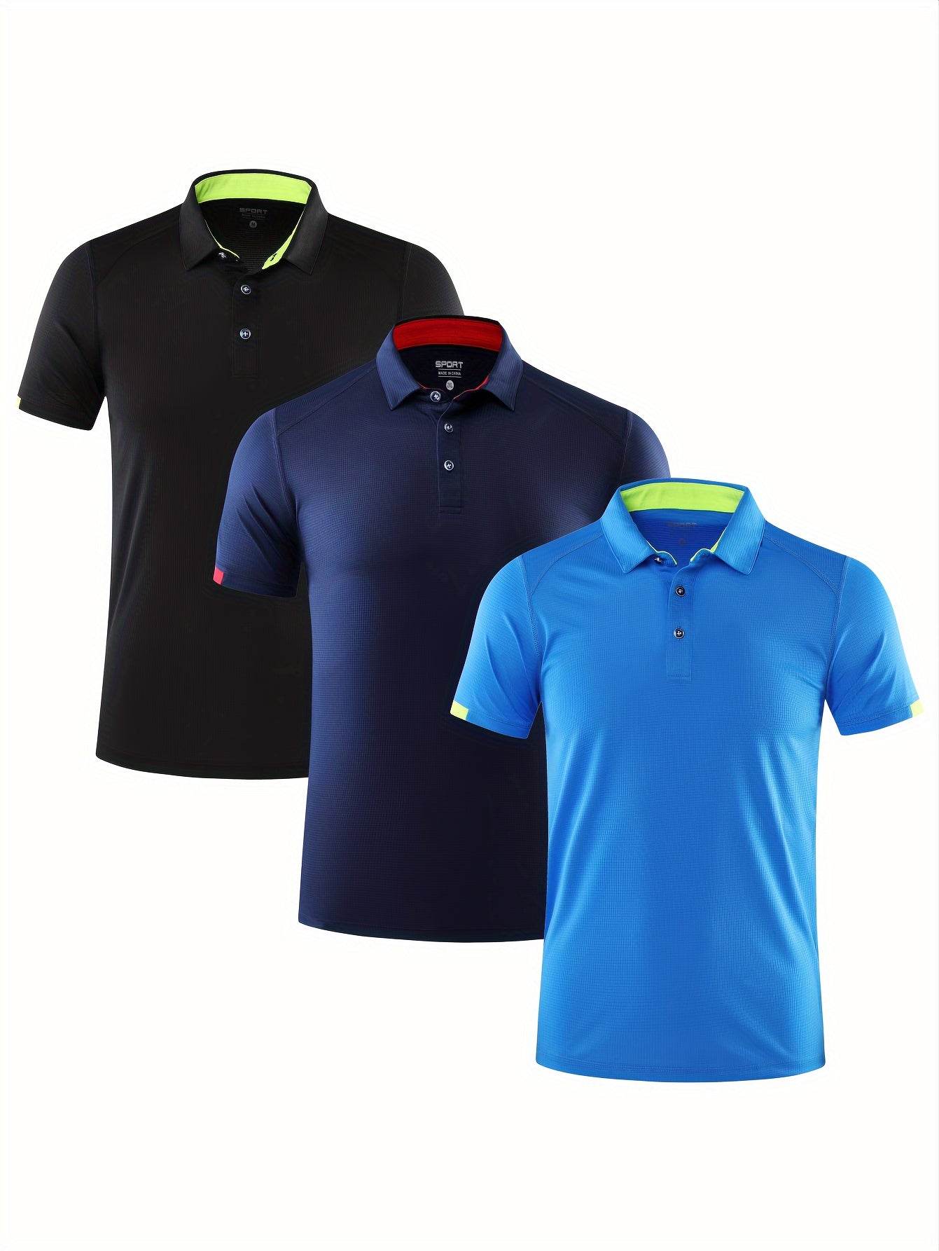 3-Pack Men's Breathable Quick-Dry Sports Polo Shirts - 100% Polyester Knit Fabric, Lightweight, Moisture-Wicking, Short Sleeve, Regular Fit for Spring/Summer/Fall - Sports Tees with Polo Collar & Button Detail