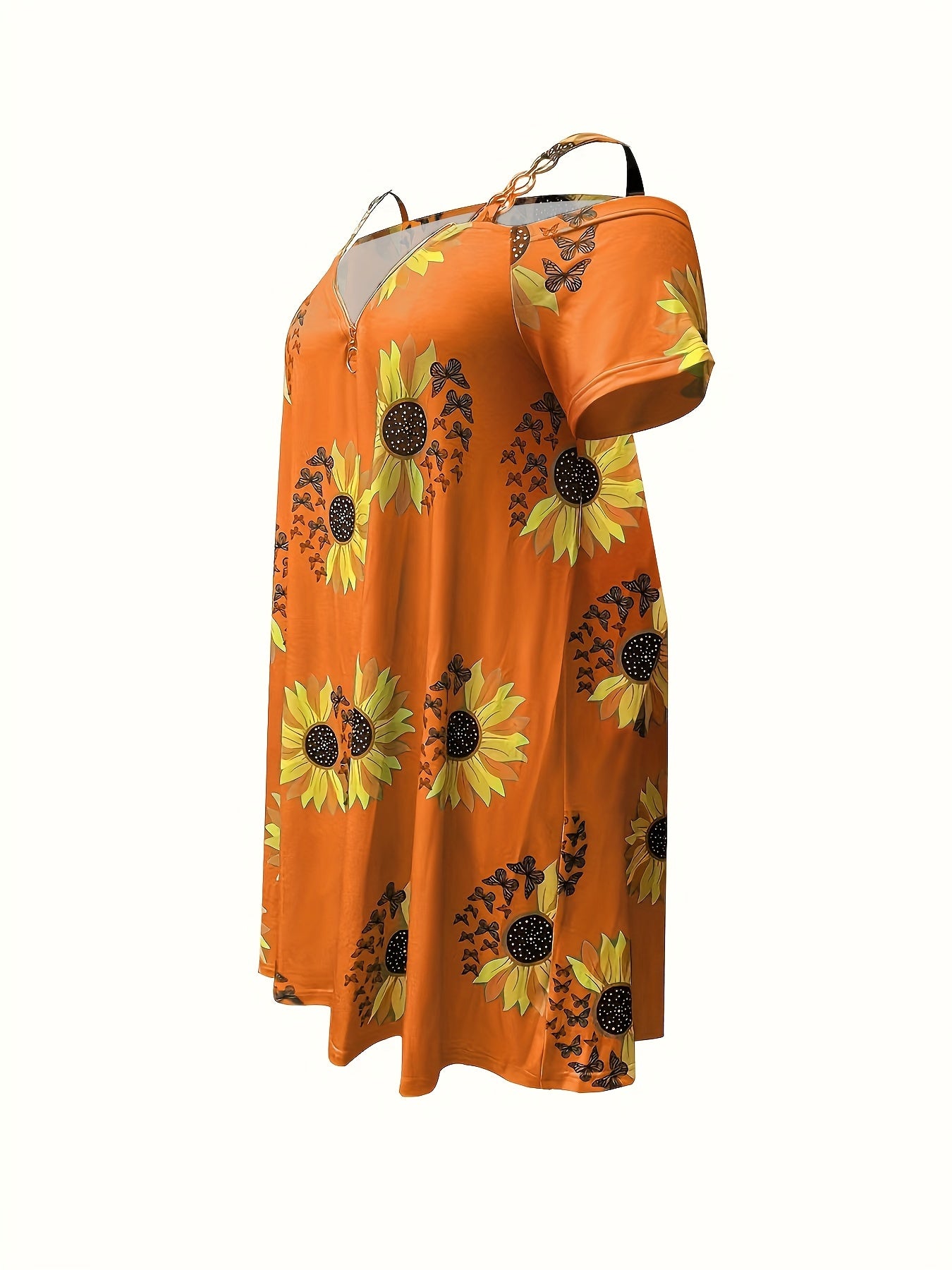 Plus Size Sunflower Print Cold Shoulder Dress, Casual Chain Detail Short Sleeve Dress For Spring & Summer, Women's Plus Size Clothing