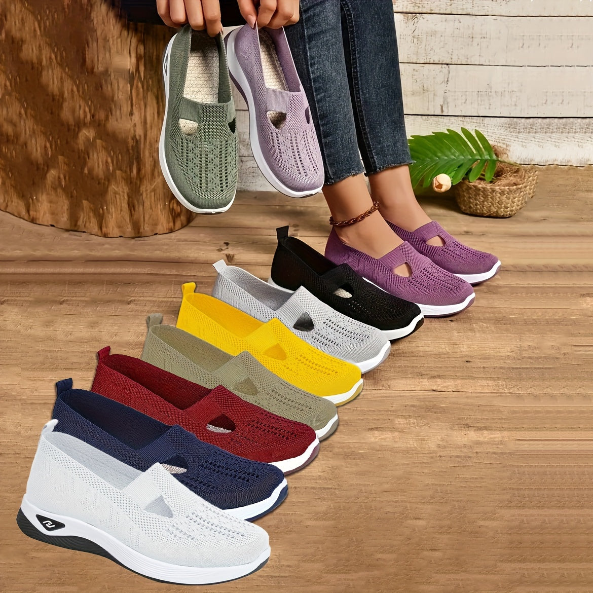 Womens Lightweight Knit Cut-out Sneakers - Ultra-Casual, Exceptionally Breathable Sports sole, Easy Slip-On Shoes with Super Lightweight Construction and Flat Heel for Comfort - Perfect for Outdoor Walking and Casual Strolls