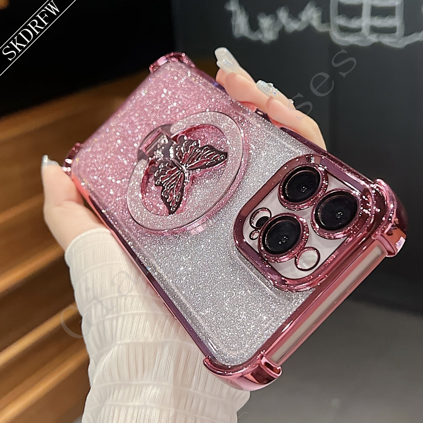 New Luxury Butterfly Glitter Bracket Super Strong Magnetic Ring with Lens Protection Film Transparent Electroplated Mobile Phone Case Suitable for Apple Mobile Phones for iPhone 16/16pro/16plus/16promax/15/15pro/15plus/15prom