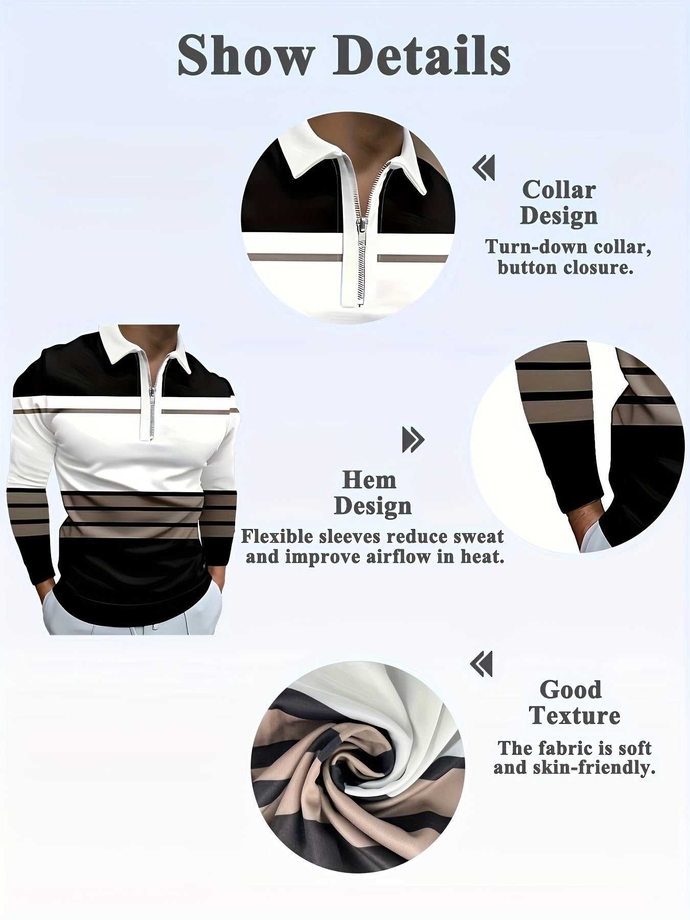 Color Block Striped Men's Long Sleeve Zipper Lapel Shirt, Men's Stylish Spring Fall Golf Shirt