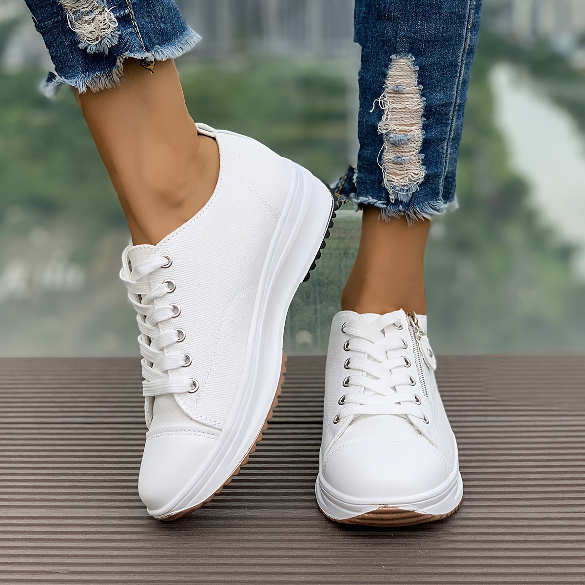 Women's Canvas Sneakers, Side Zipper Design Lace Up Low Top Sports Shoes, Casual Wedge Walking Shoes