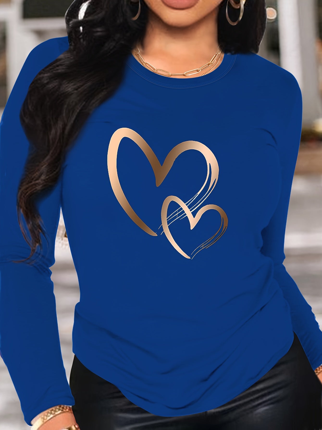 Women's Casual Heart Print Long Sleeve T-Shirt - Crew Neck, Soft Polyester, Machine Washable