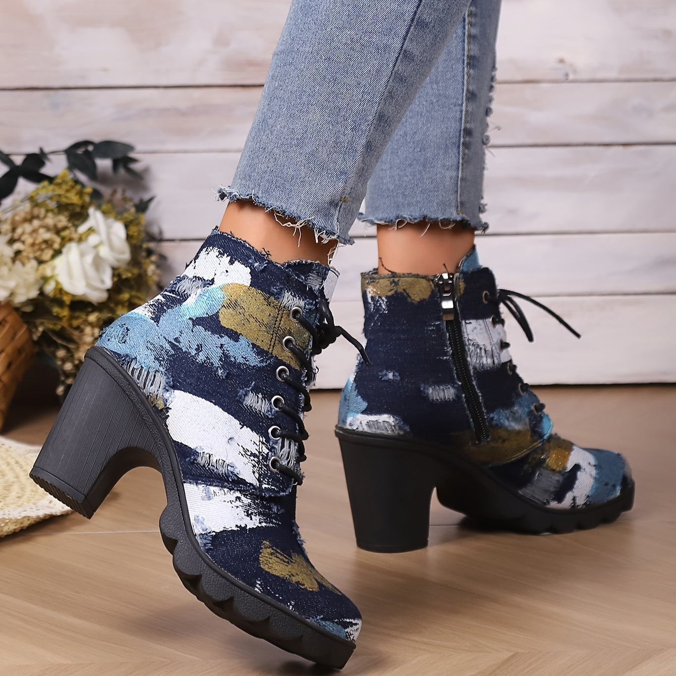 Women's Patchwork Boots, Lace Up Platform Side Zipper Chunky Heels, Round Toe Versatile Boots