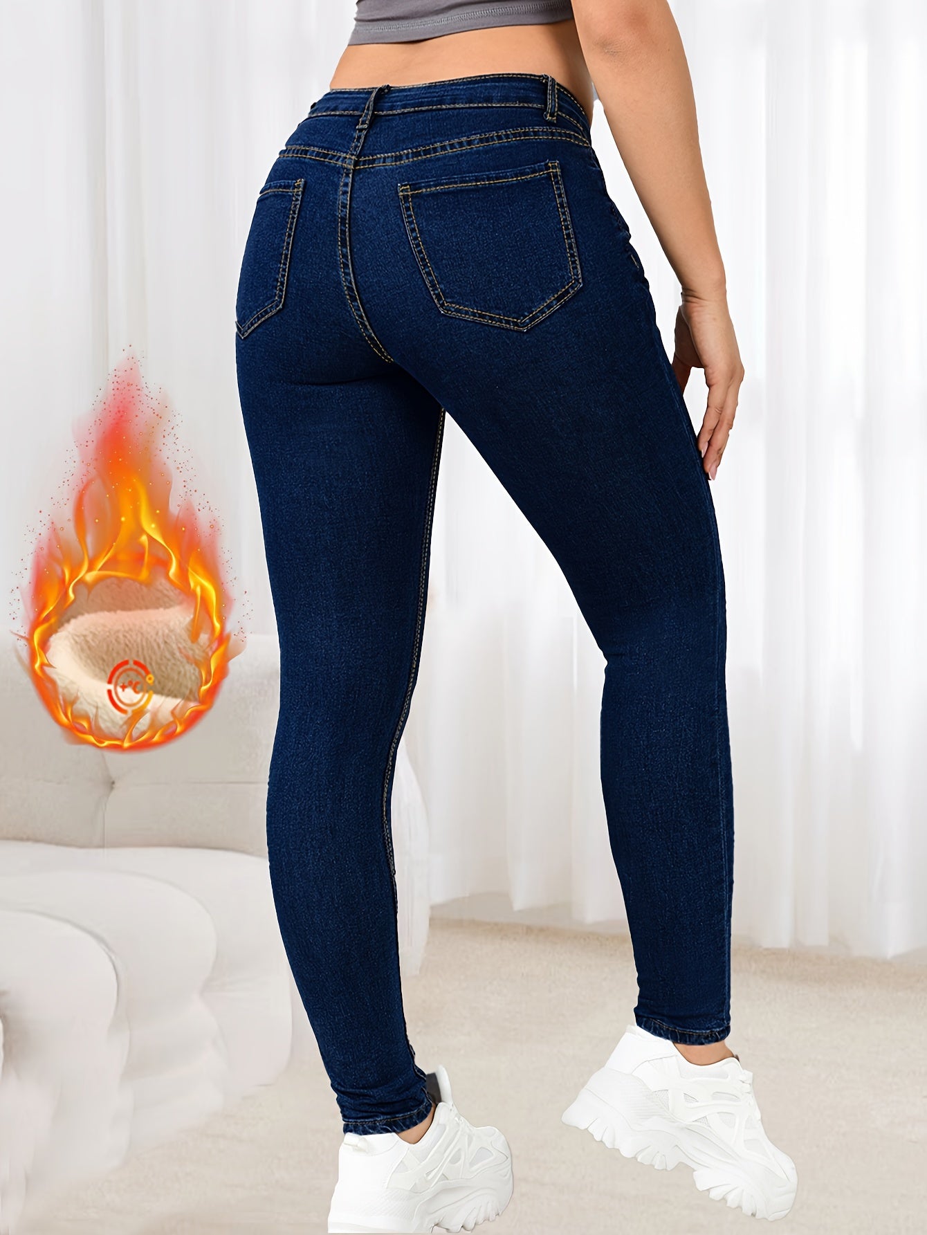 Plush Lined Washed Blue Casual Style Zipper Button Closure Skinny Fit Denim Pants For Winter, Women's Denim Jeans & Clothing