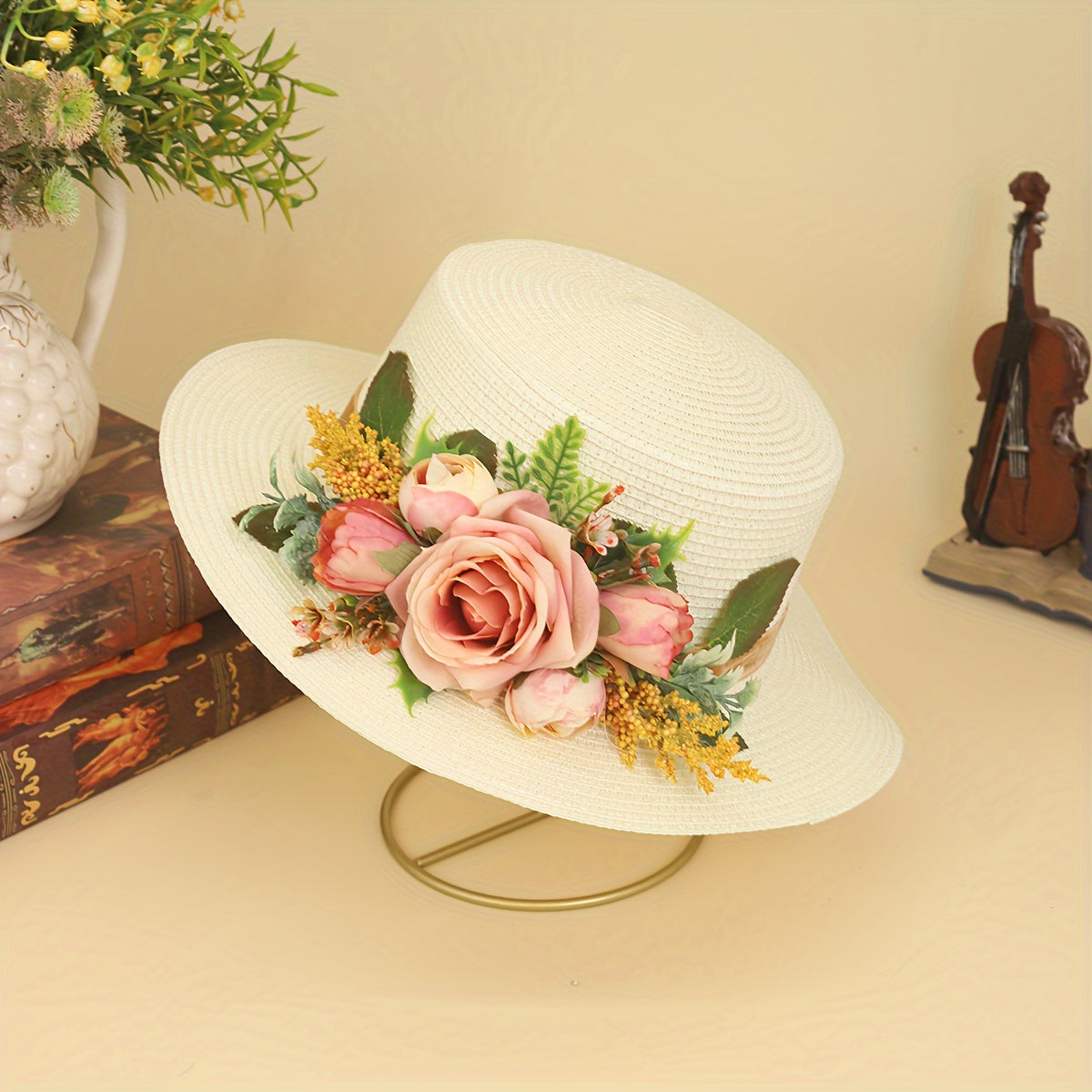 Handmade Flower Straw Hat Solid Color Elegant Beach Sunscreen Hat Small Top Hats Easter For Women