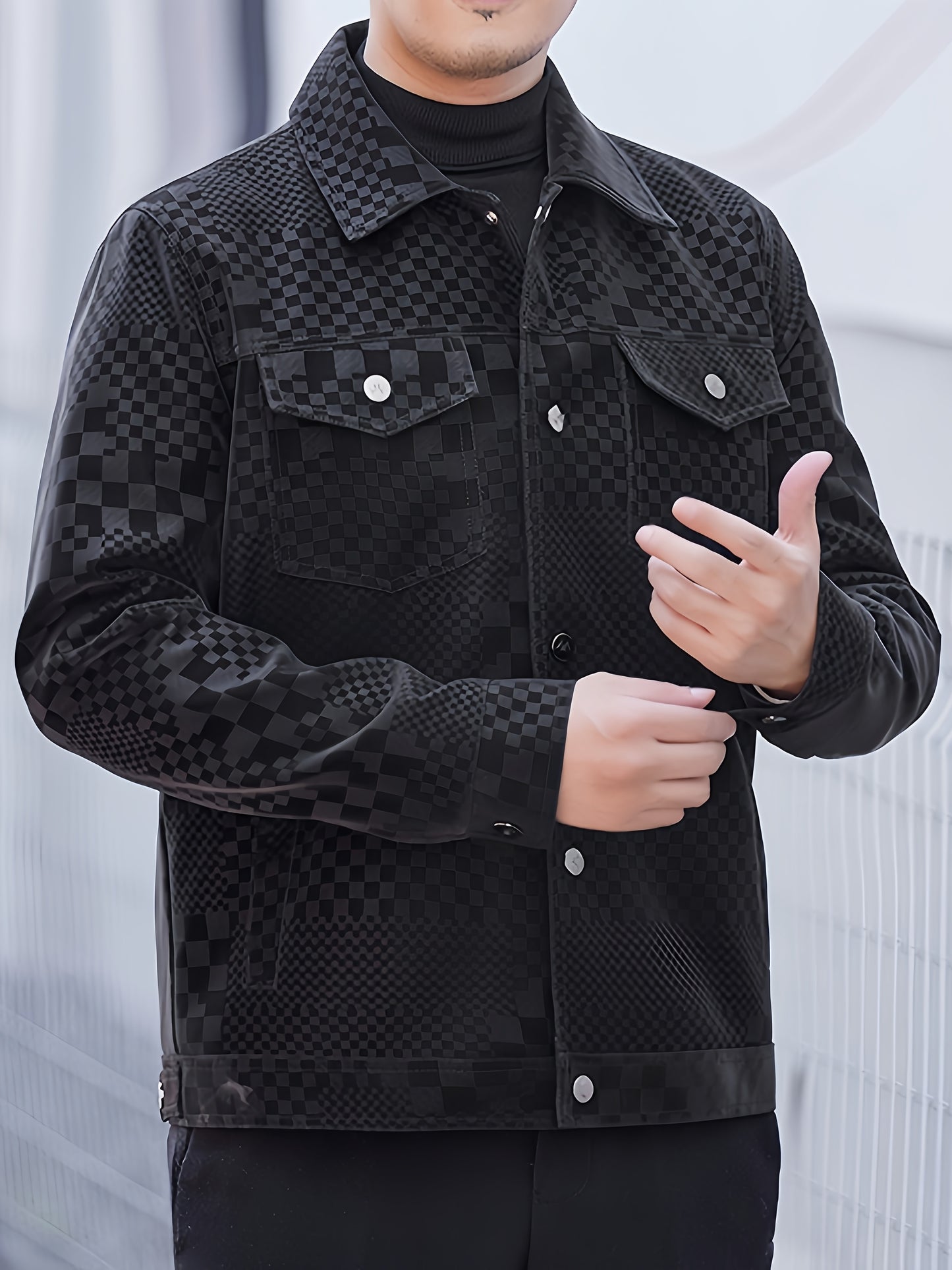 Men's Casual Checkerboard Pattern PU Leather Jacket, Button Up Lapel Jacket