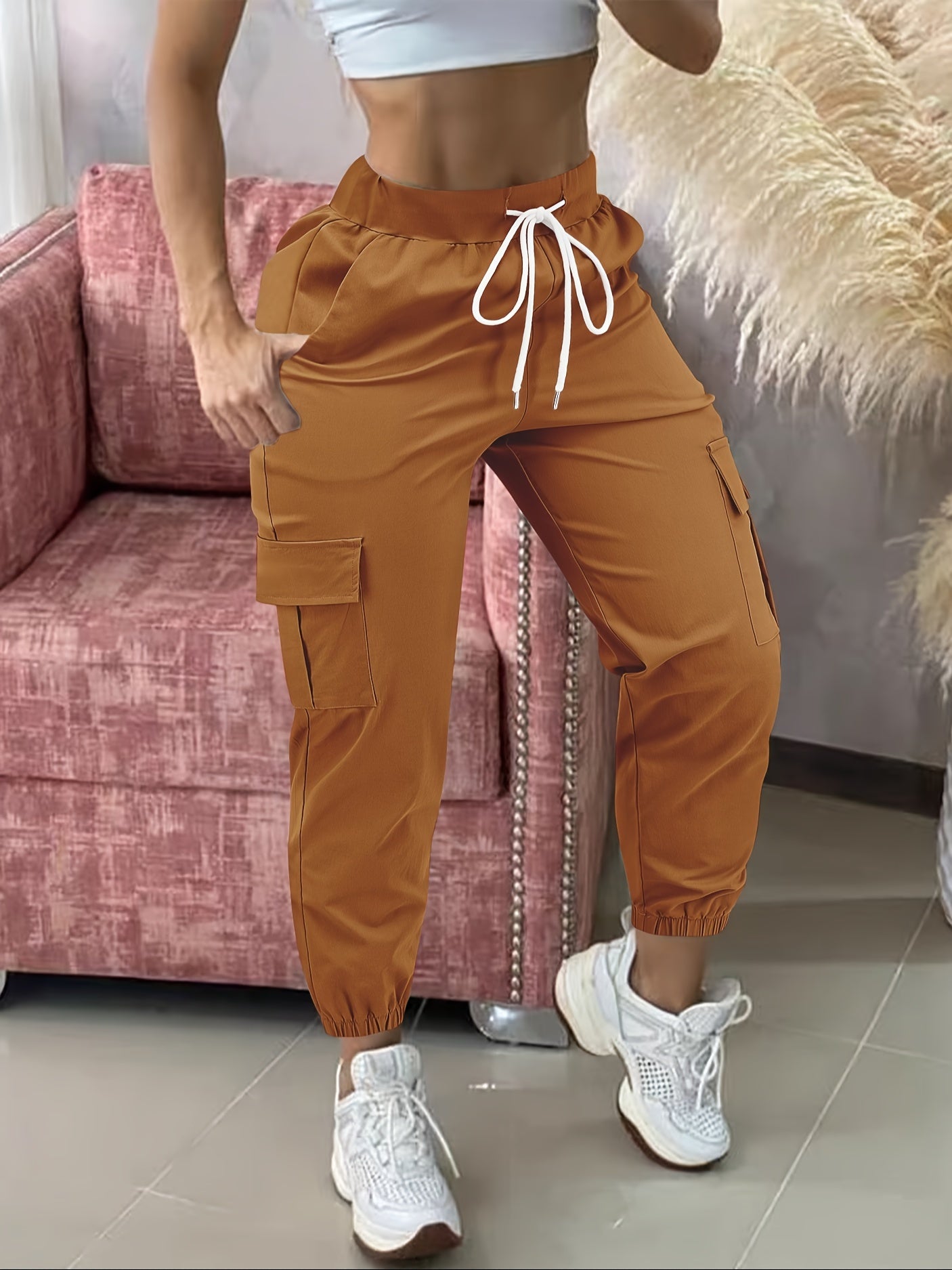 Women's Casual Cargo Pants with Drawstring - Solid Color Polyester Blend Comfort, Elastic Waist, Multiple Pockets, Fashion Utility Trousers for All Seasons