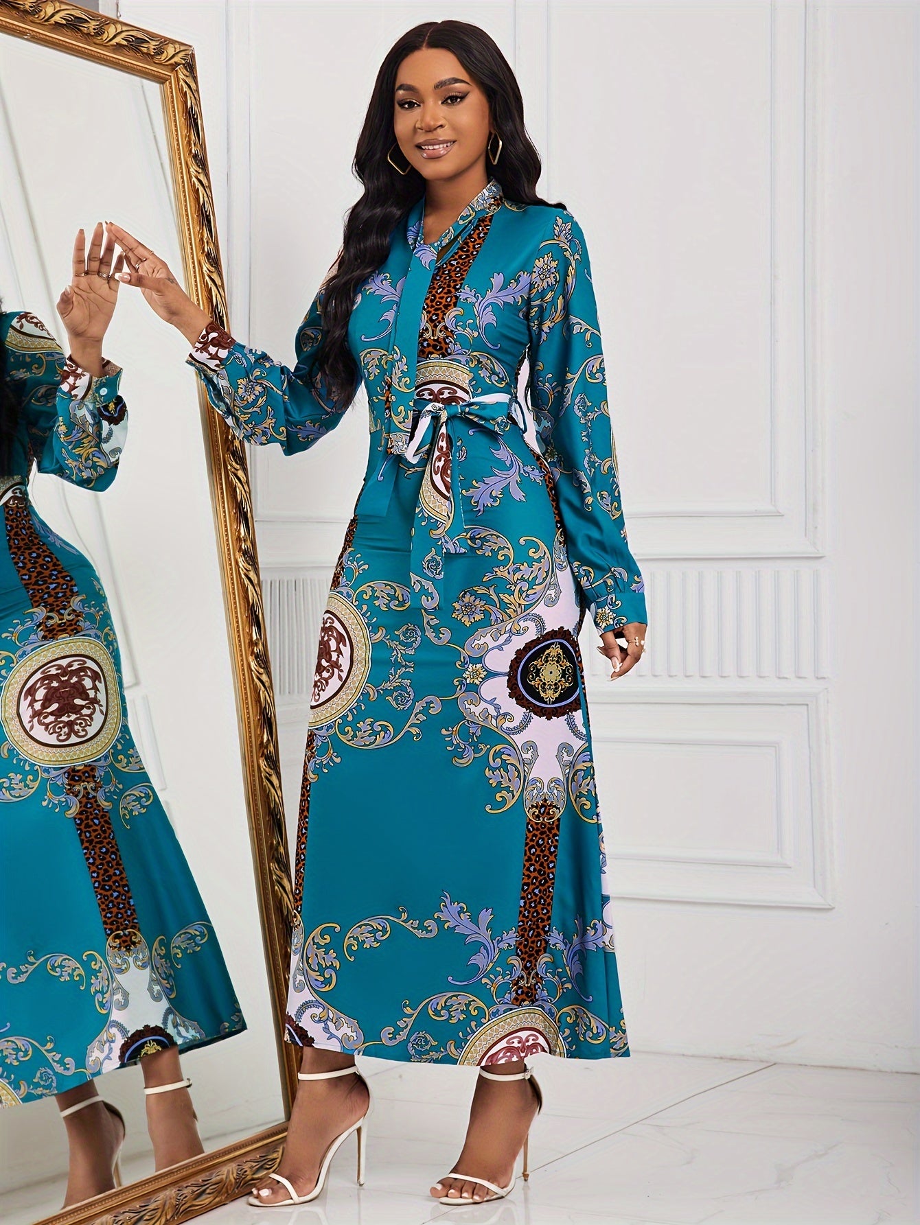 Tribal Print Tie Neck Dress, Elegant Long Sleeve Maxi Dress For Spring & Fall, Women's Clothing