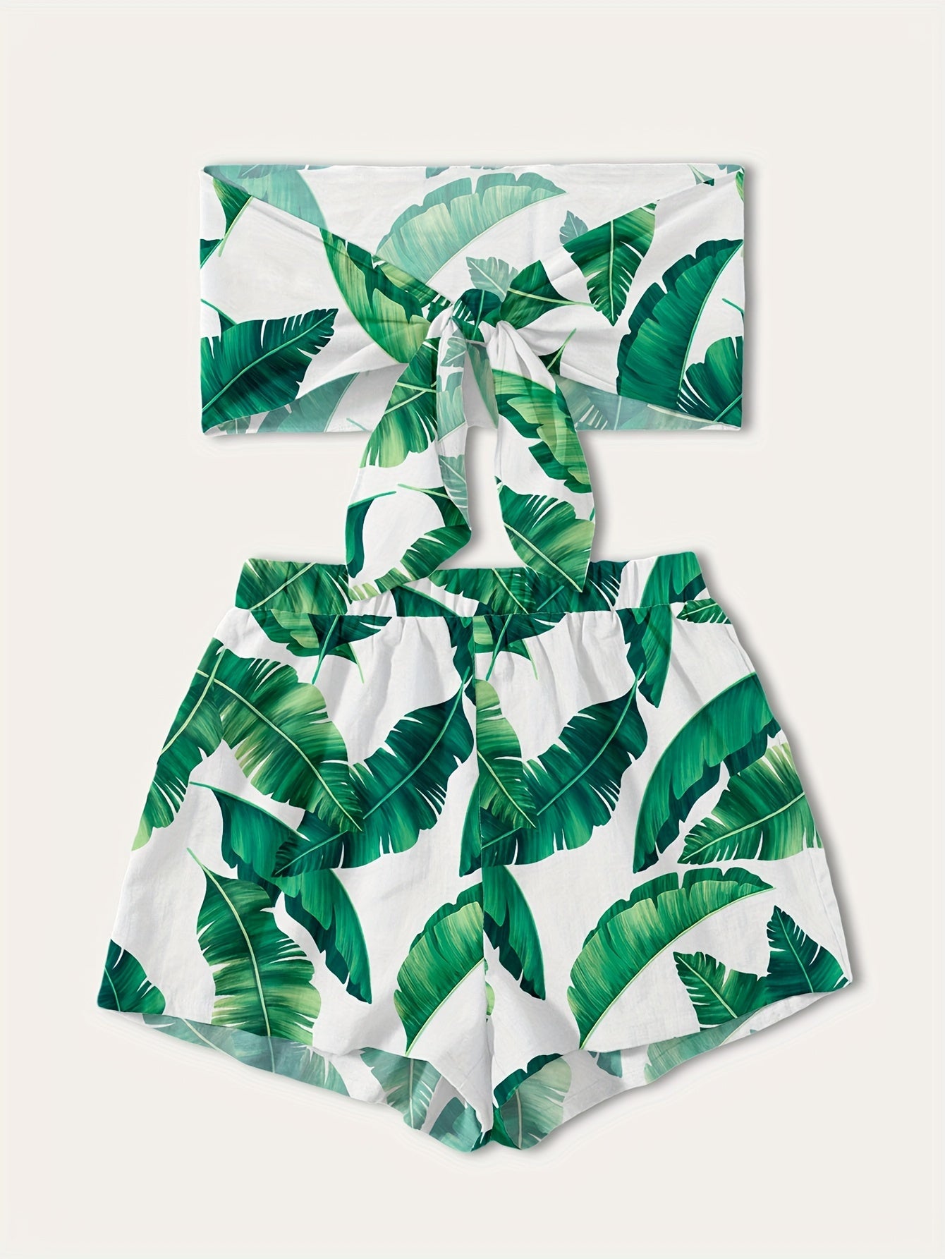 Leaves Print Matching Two-piece Set, Casual Vacation Style Sleeveless Tie Back Tube Top & Loose Elastic Waist Shorts Outfits For Summer, Women's Clothing