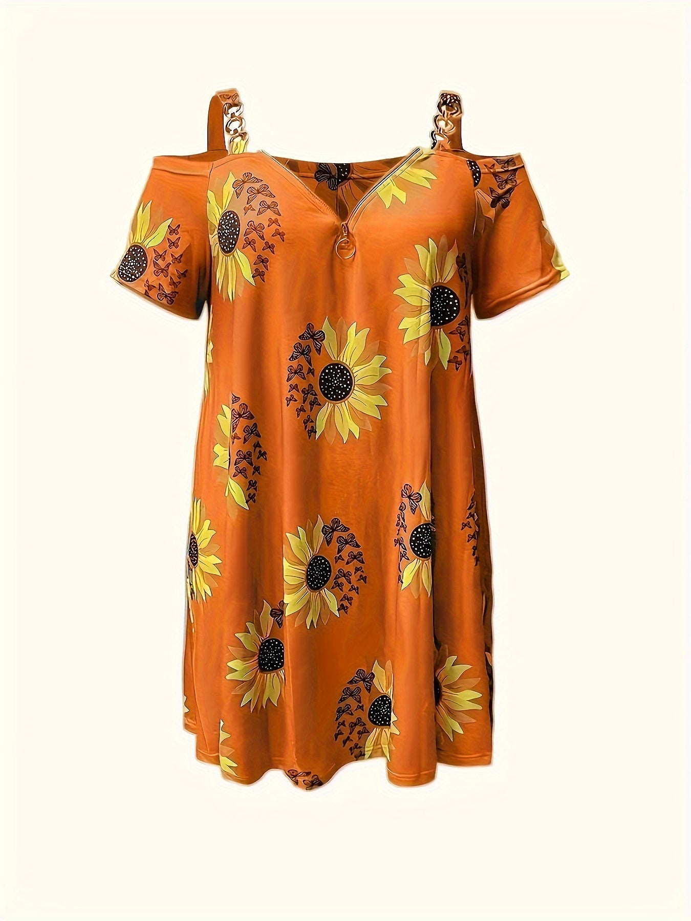 Plus Size Sunflower Print Cold Shoulder Dress, Casual Zipper Short Sleeve Dress For Spring & Summer, Women's Plus Size Clothing