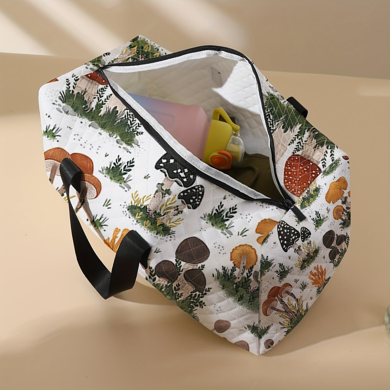 1pc Large Capacity Travel Handbag, Mushroom Pattern Print Fashionable Crossbody Bag, Handbag With Shoe Compartment, Portable Overnight Luggage Bag, Suitable For Gym, Yoga