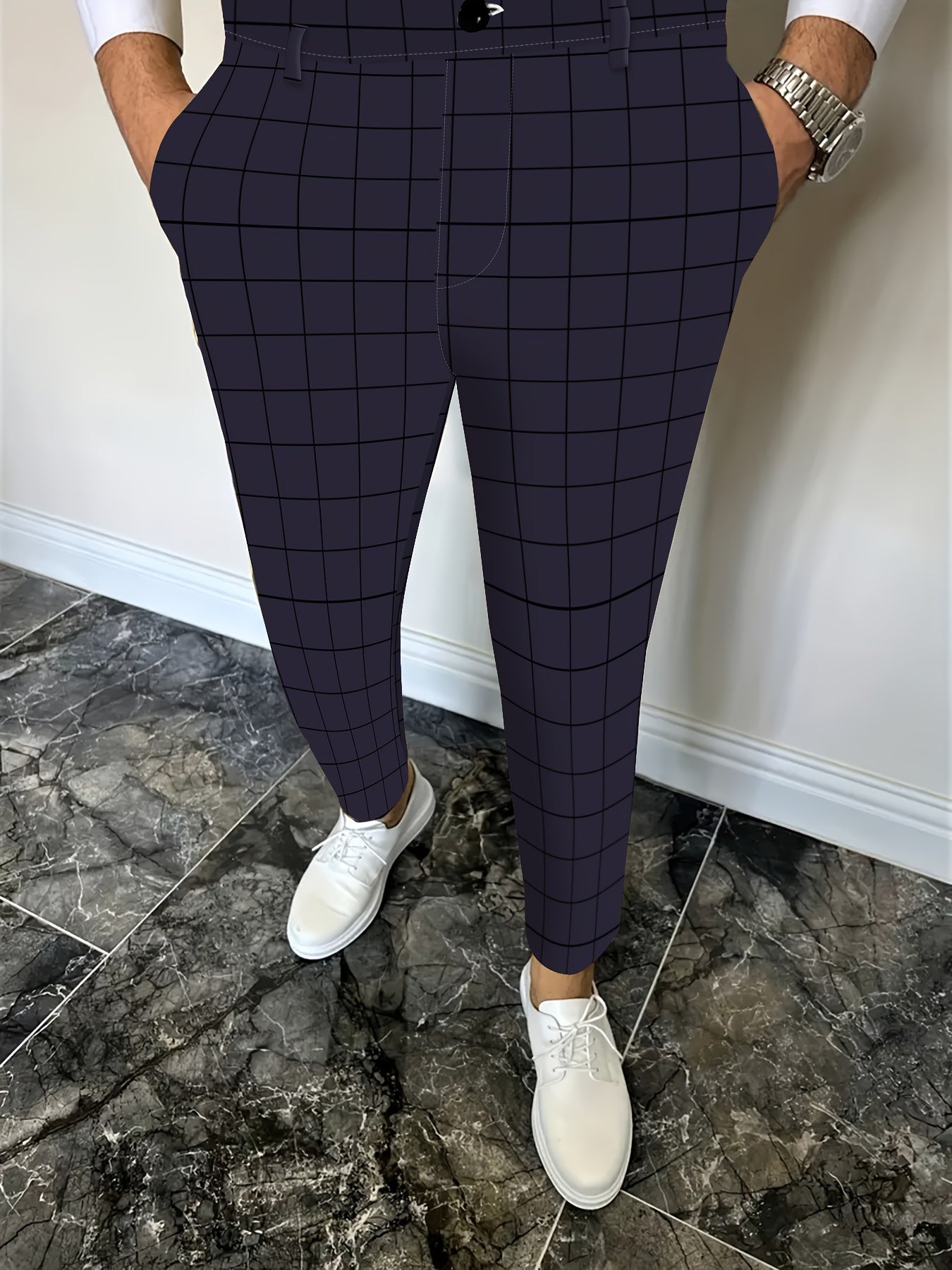 Classic Design Plaid Pattern Slim Fit Mid Stretch And Cuffed Pants For Men, Business Fashion Bottoms For Formal Occasions