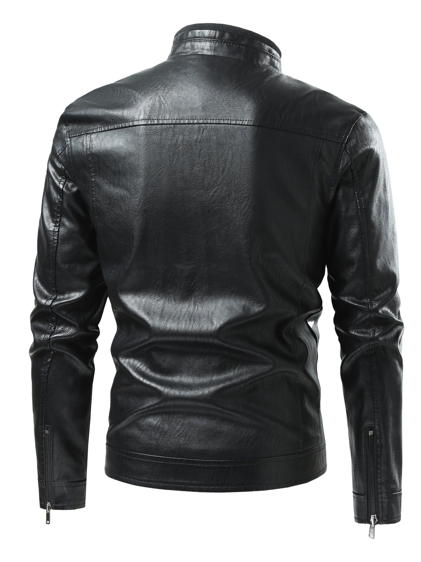 Men's PU Leather Jacket With Multi Zipper Pockets, Casual Stand Collar Zip Up Long Sleeve Jacket For Outdoor