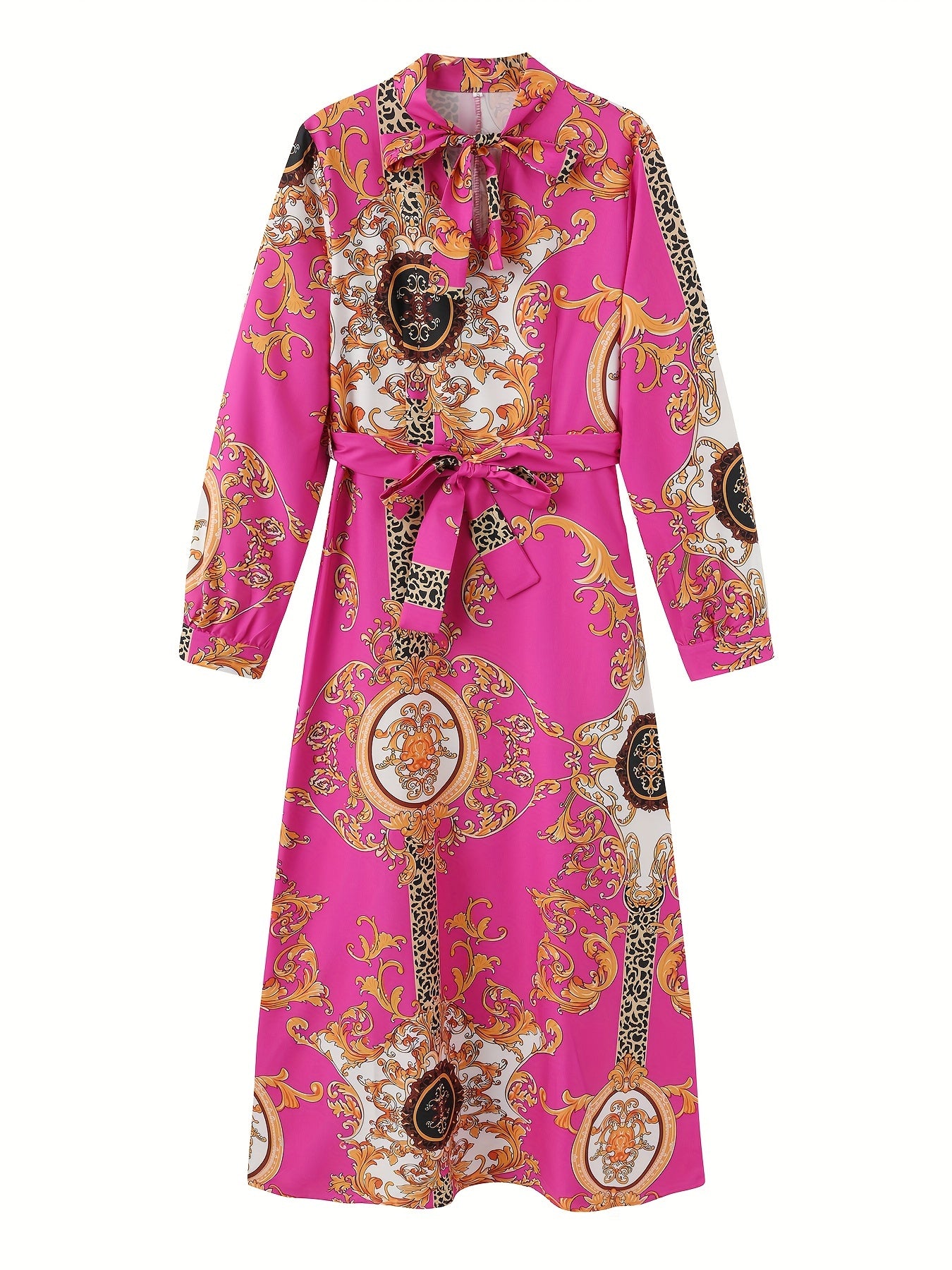 Tribal Print Tie Neck Dress, Elegant Long Sleeve Maxi Dress For Spring & Fall, Women's Clothing