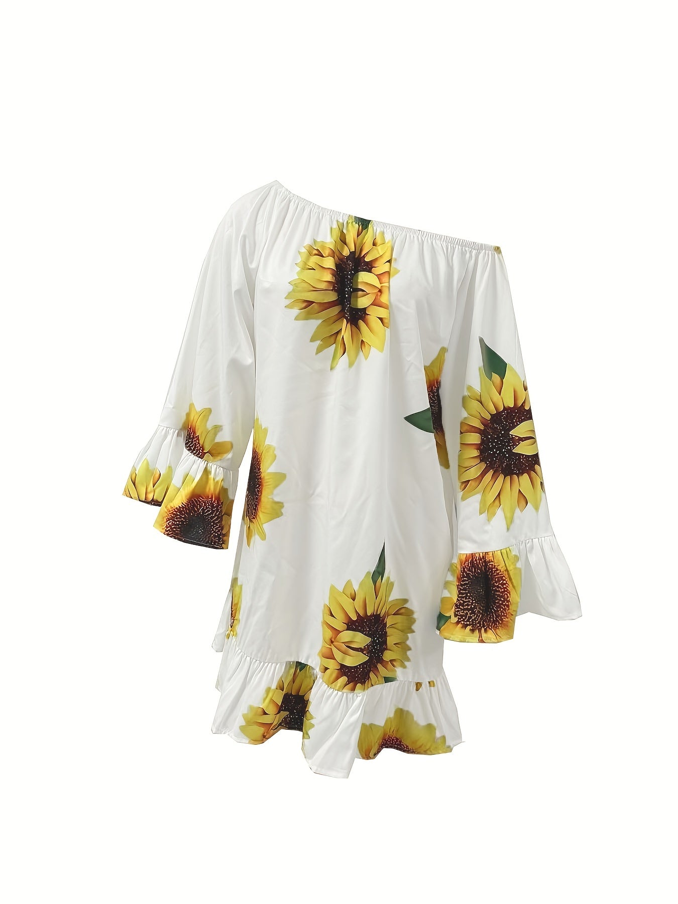 Sunflower Print Ruffle Trim Dress, Off-shoulder Flared Sleeve Dress For Spring & Summer, Women's Clothing