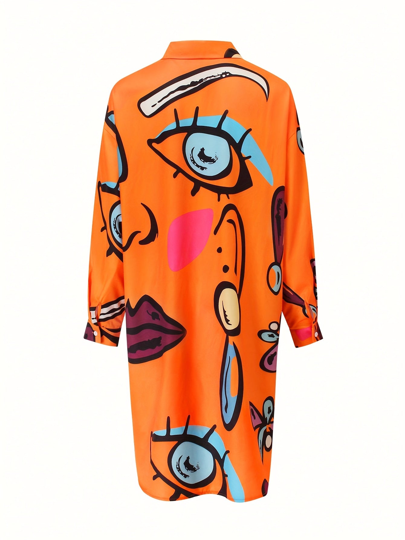 Abstract Print Button Front Shirt Dress, Casual Long Sleeve Shift Dress For Spring & Fall, Women's Clothing