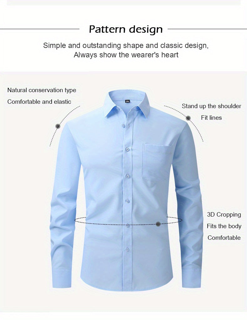 Men's Formal Classic Design Button Up Shirt With Chest Pocket, Male Clothes For Spring And Fall Business Occasion