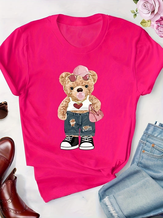 Bear Print Crew Neck T-Shirt, Casual Short Sleeve T-Shirt For Spring & Summer, Women's Clothing