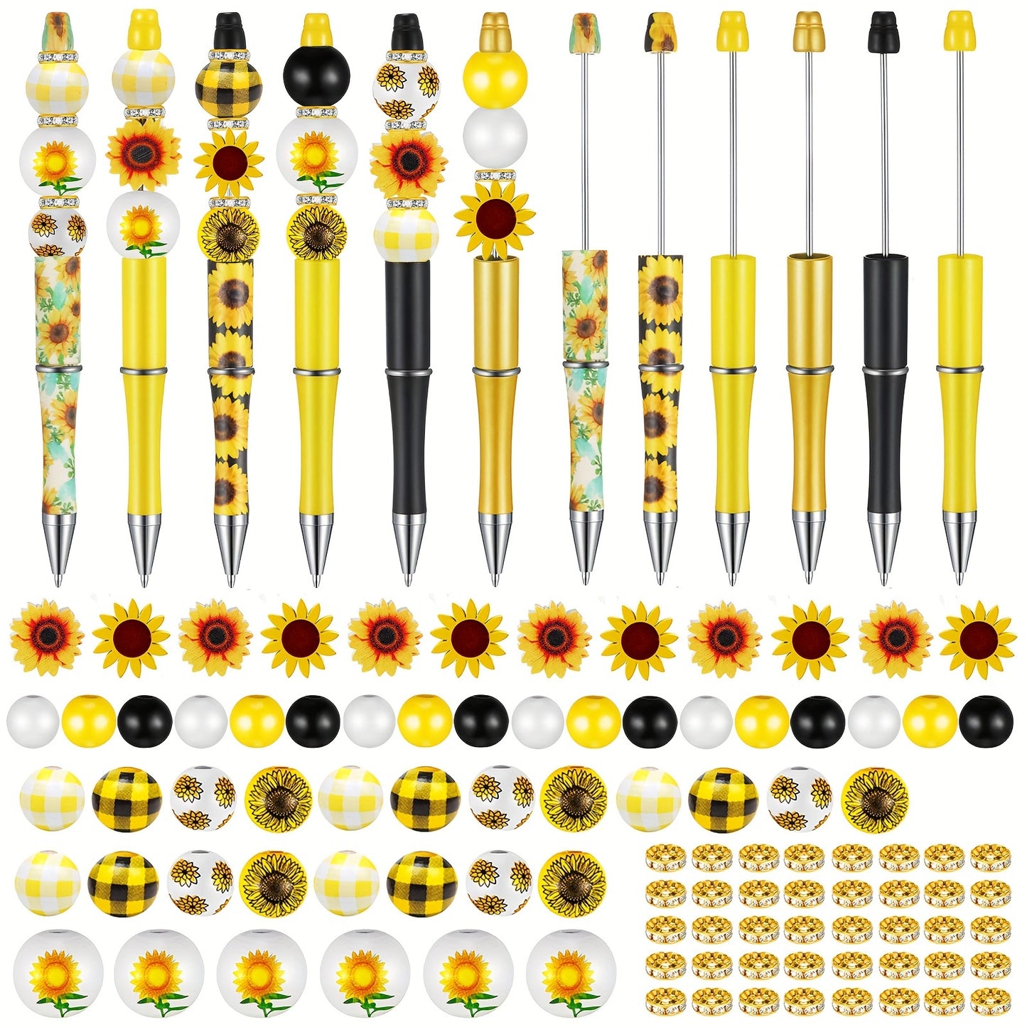 12 Set Sunflower DIY Beadable Pens Bulk, Assorted Bead Pens Wood Beads Crystal Beads Set With Plastic Black Ink Ballpoint Pen DIY Beaded Pen Set For Sunflower Party Supplies Halloween Christmas Gift