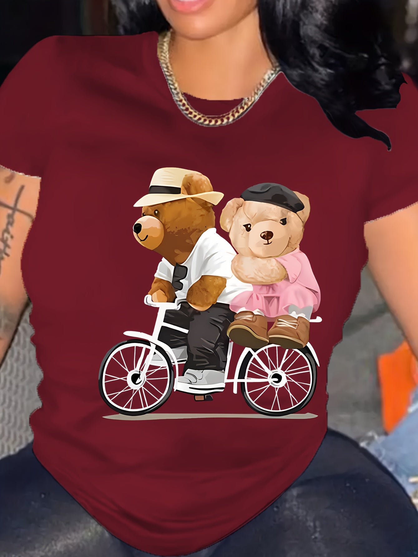 Teddy Bear Print T-shirt, Short Sleeve Crew Neck Casual Top For Summer & Spring, Women's Clothing