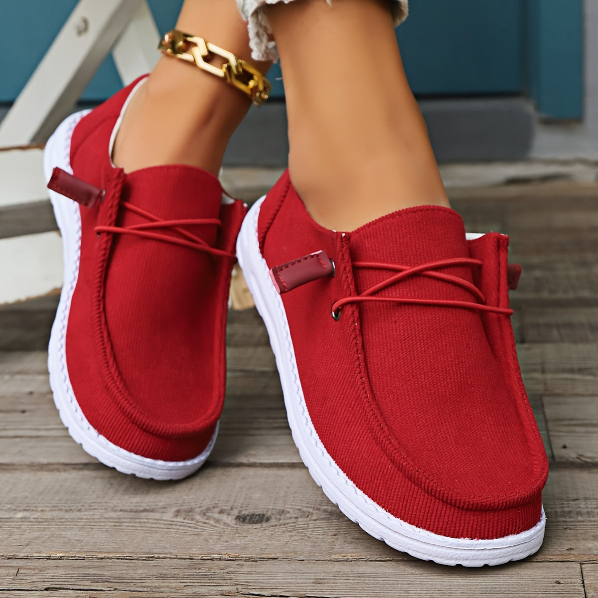 Women's Casual Slip-On Sneakers, Round Toe Lace-up Flats, Breathable Canvas Shoes With Rubber Sole, Lightweight Comfort Walking Shoes, Large Size - Red