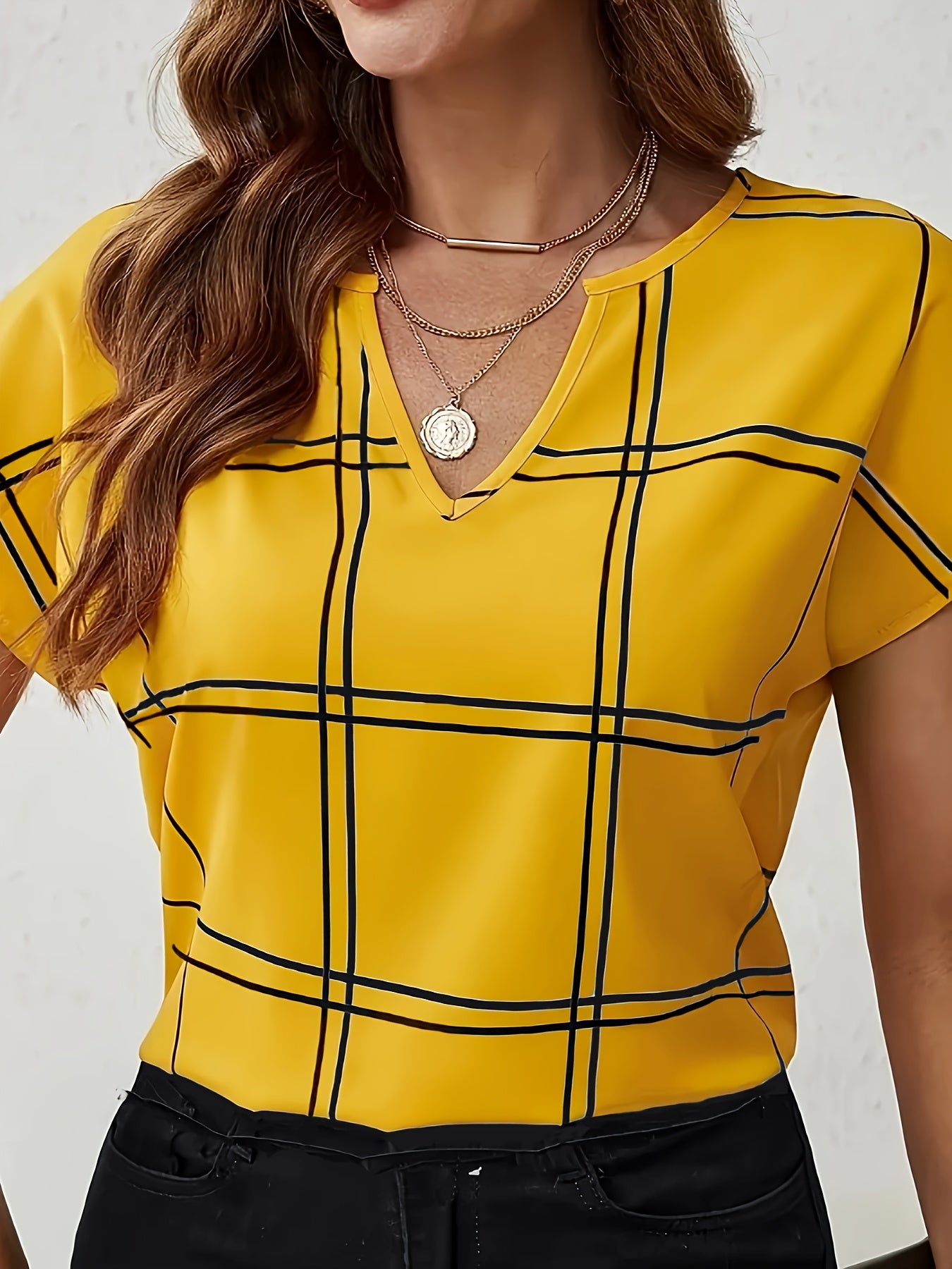 Plaid Print Notched Neck Blouse, Elegant Short Sleeve Blouse For Spring & Summer, Women's Clothing