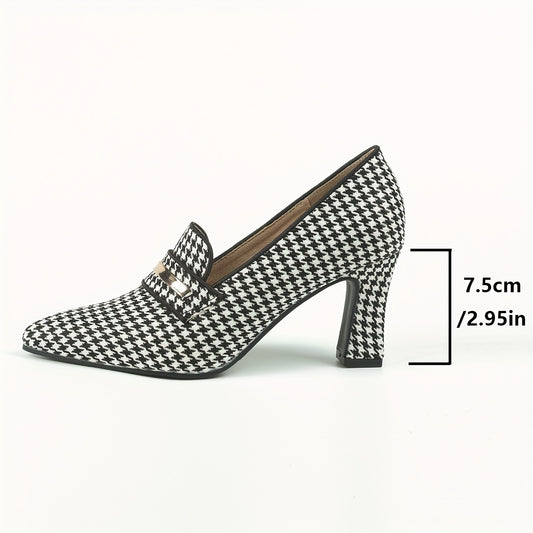 Women's Houndstooth Chunky Heels, Trendy Pointed Toe Slip On High Heels, Versatile Dressy Pumps