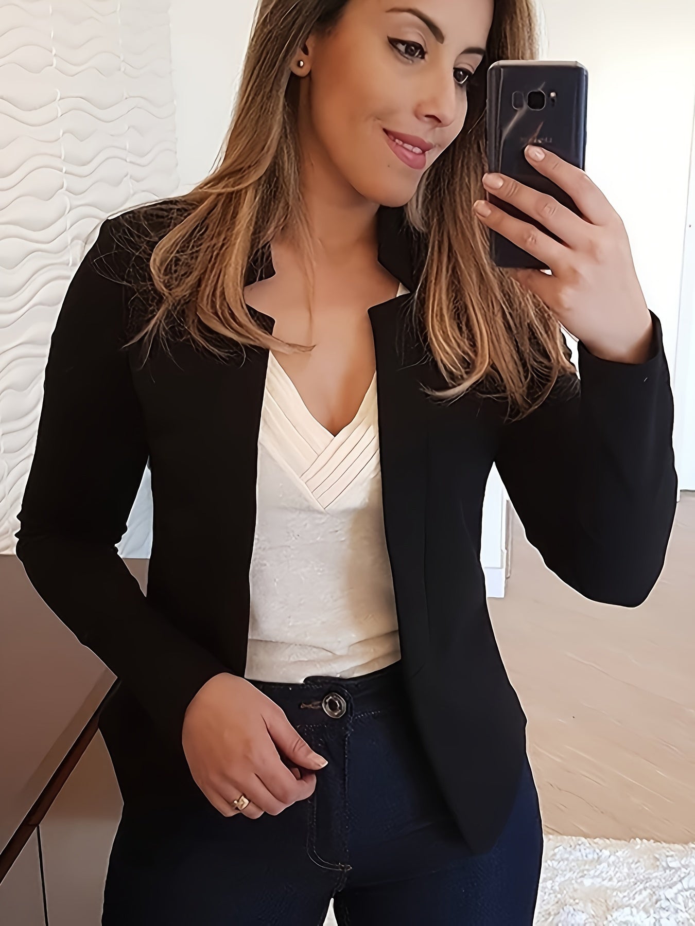 Solid Open Front Blazer, Elegant Long Sleeve Work Office Outerwear, Women's Clothing